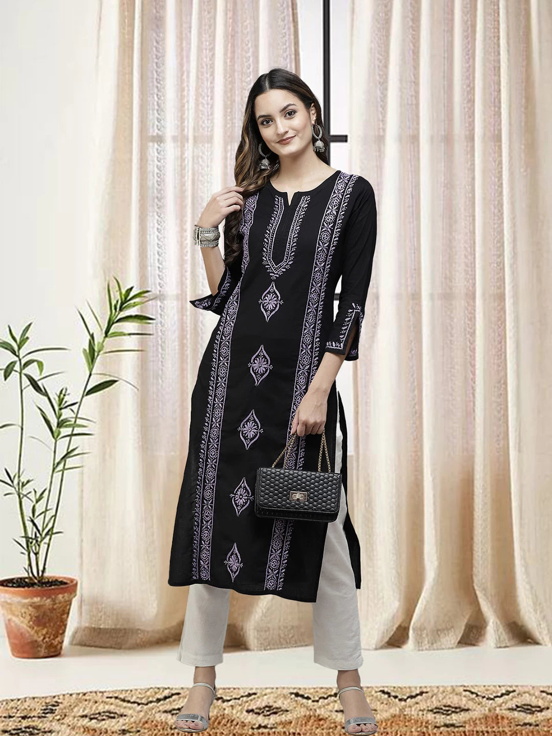 Ada Hand Embroidered Black Cotton Lucknowi Chikankari Straight Kurta A411394