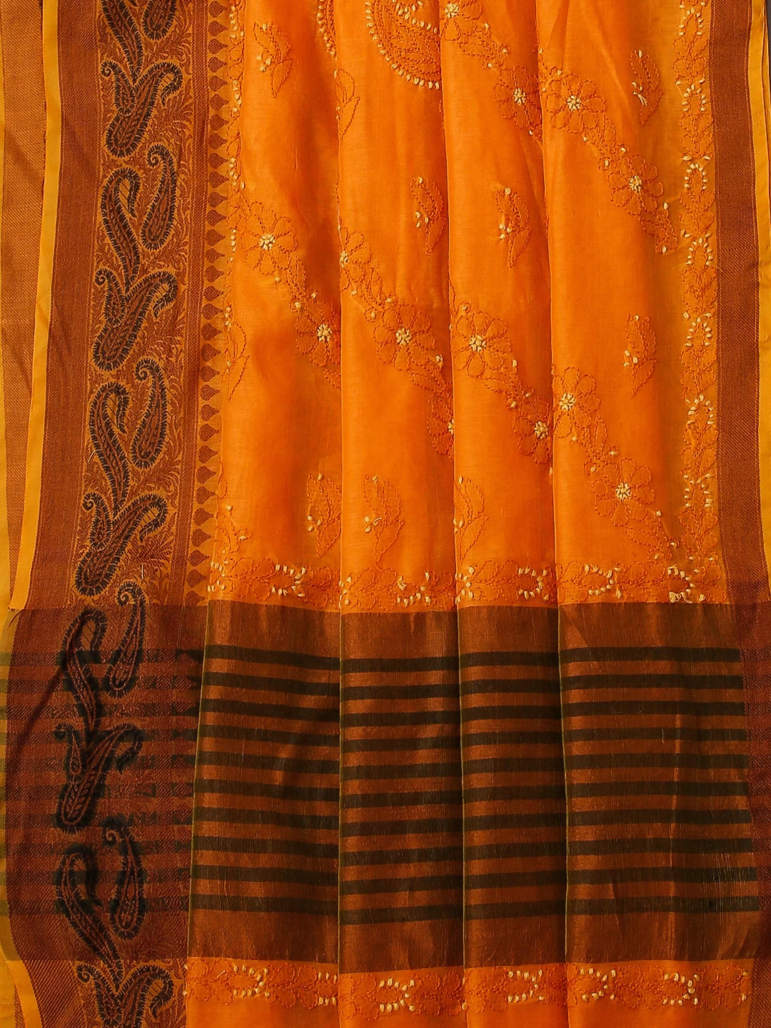 Ada Hand Embroidered Yellow Ochre Chanderi Lucknowi Chikankari Saree With Blouse 01A476605