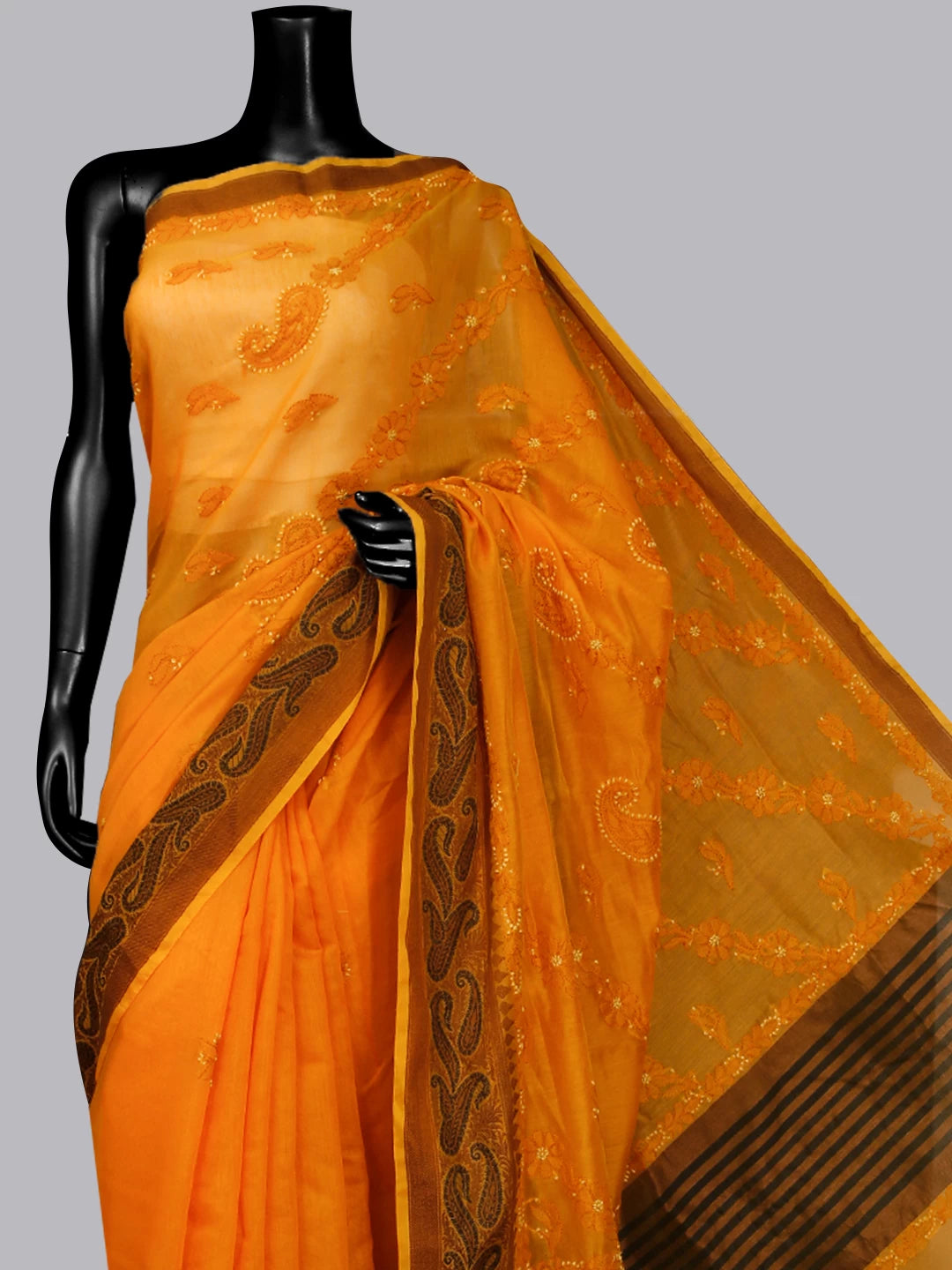 Ada Hand Embroidered Yellow Ochre Chanderi Lucknowi Chikankari Saree With Blouse 01A476605