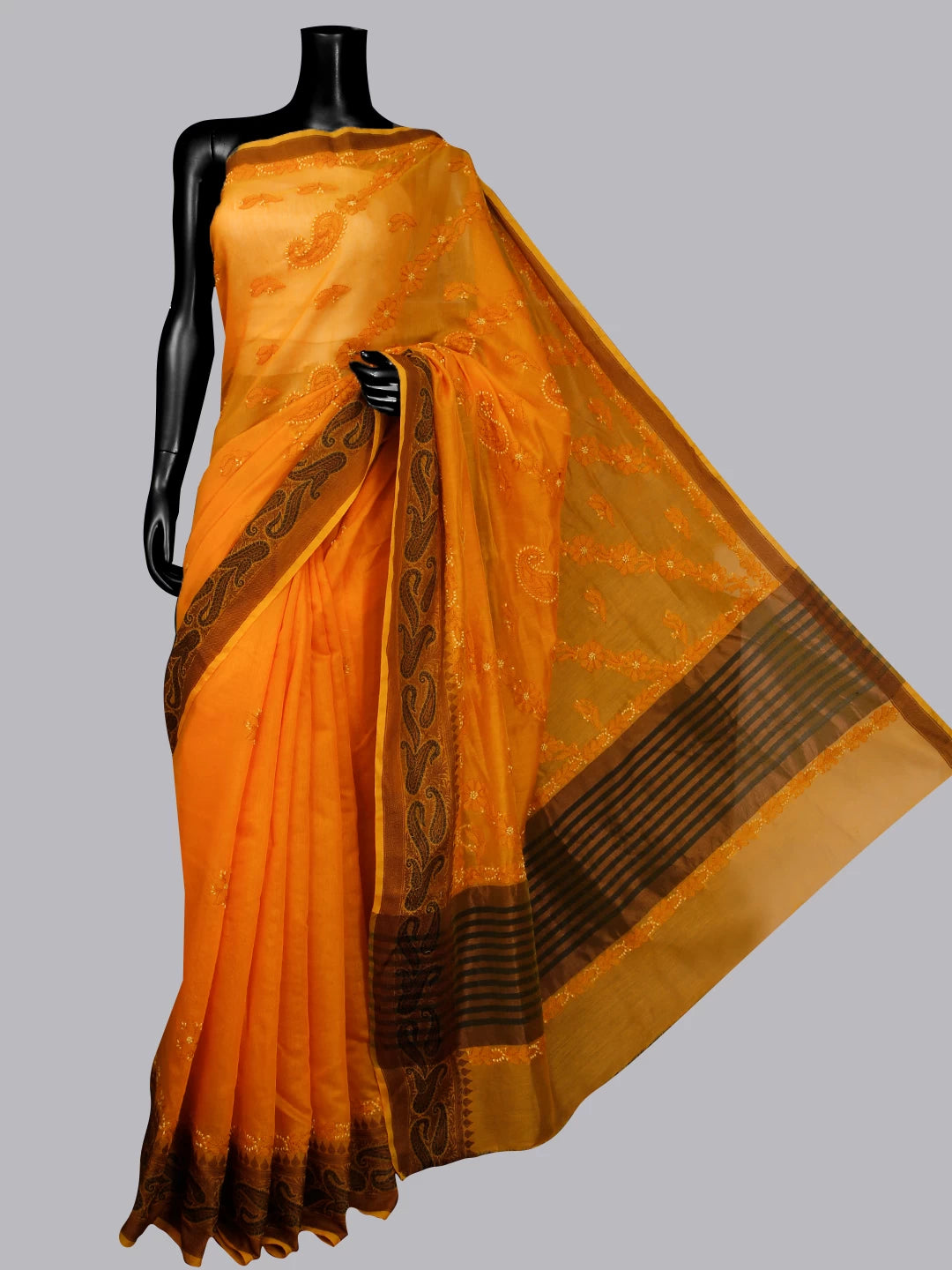 Ada Hand Embroidered Yellow Ochre Chanderi Lucknowi Chikankari Saree With Blouse 01A476605