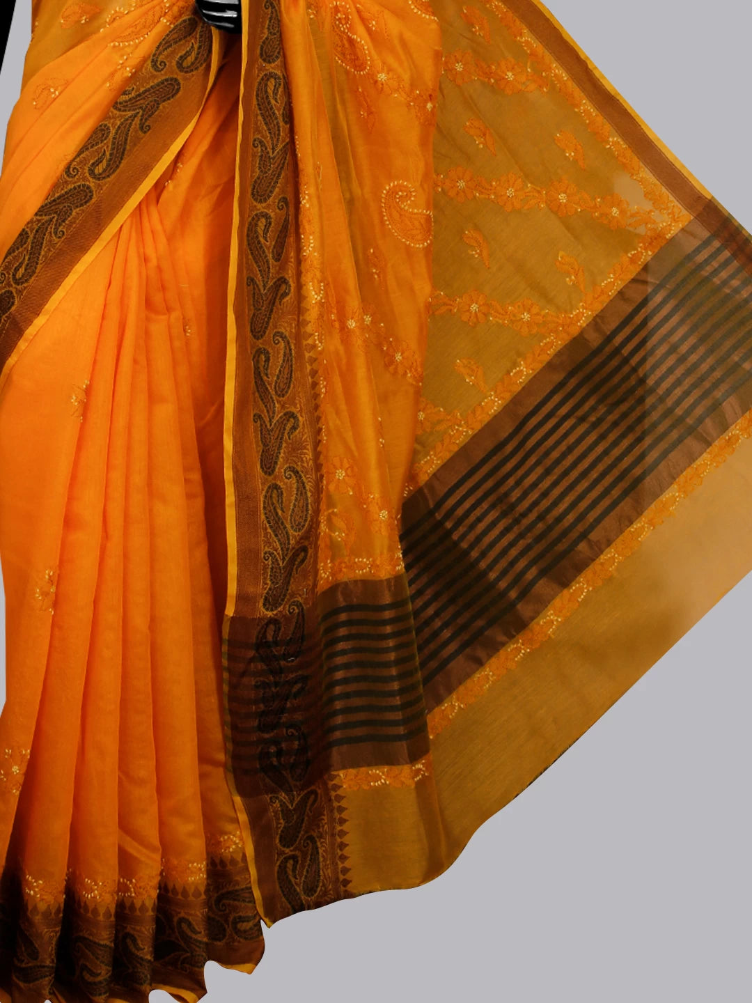 Ada Hand Embroidered Yellow Ochre Chanderi Lucknowi Chikankari Saree With Blouse 01A476605