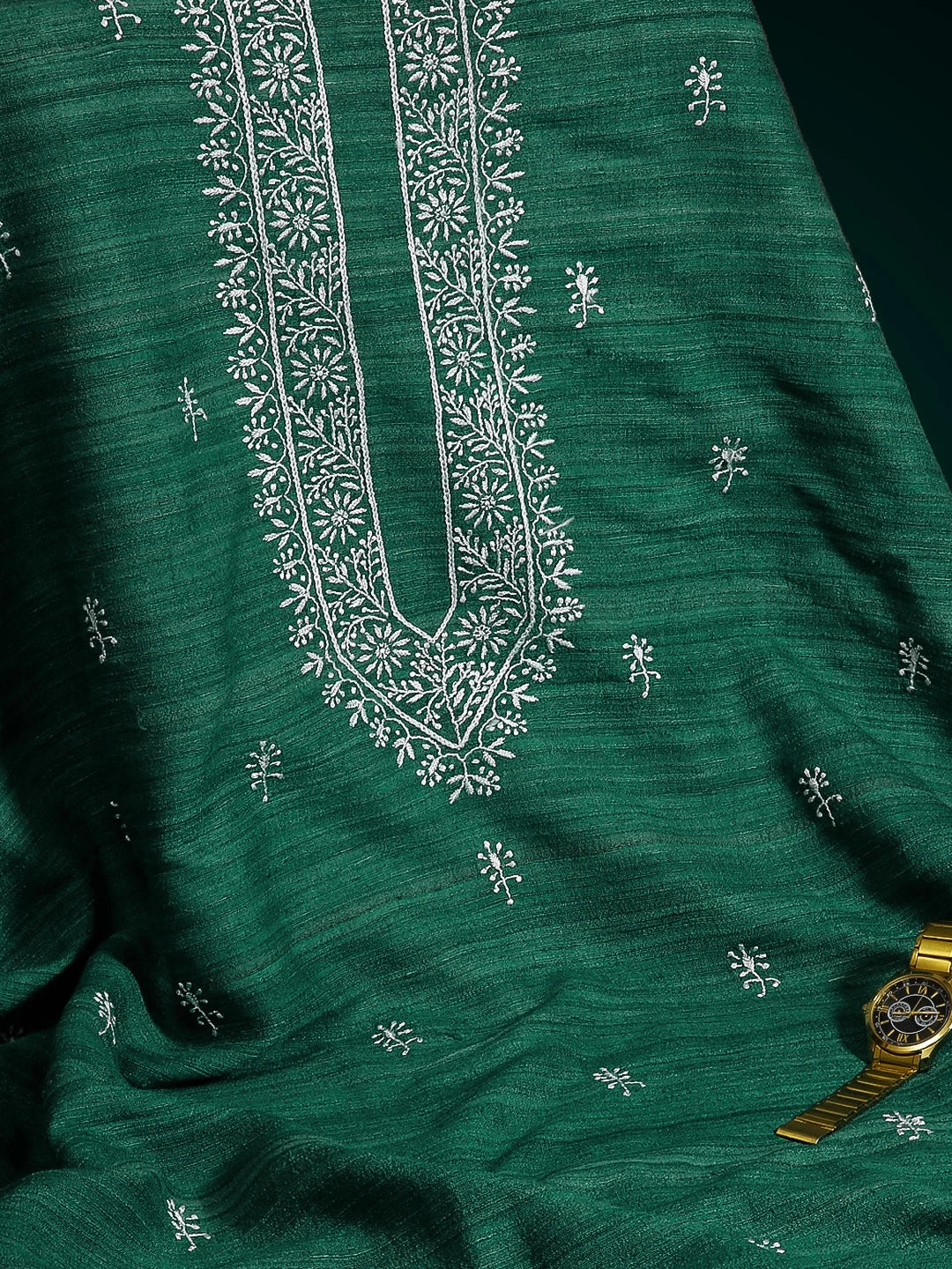 Ada Hand Embroidered Bottle Green Silk Lucknowi Chikankari Unstitched Men's Kurta Piece 01A493103