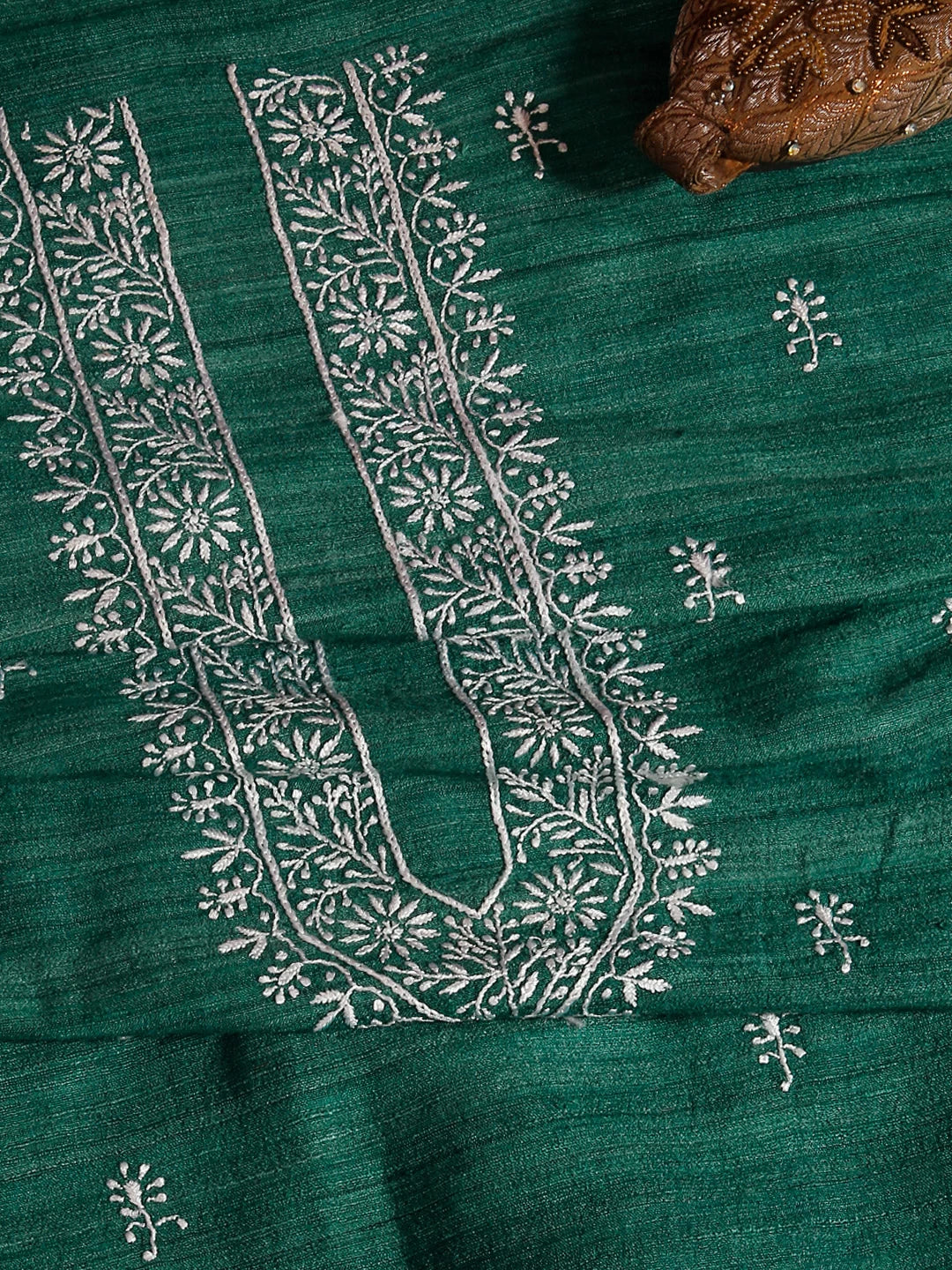 Ada Hand Embroidered Bottle Green Silk Lucknowi Chikankari Unstitched Men's Kurta Piece 01A493103