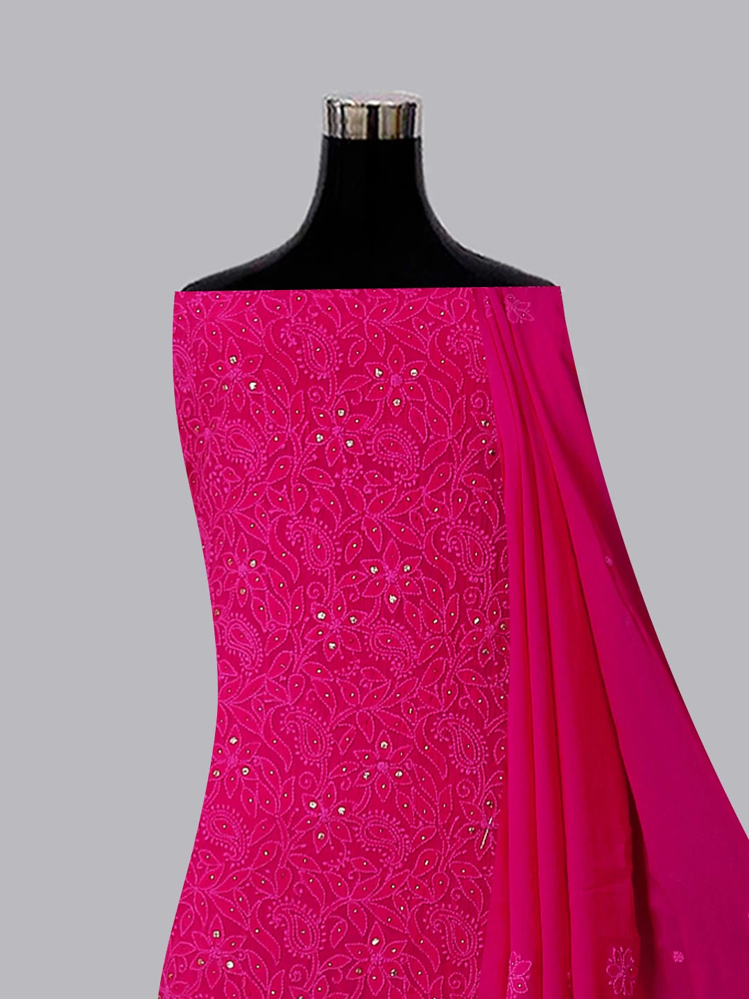 Ada Hand Embroidered Deep Pink Viscose Georgette Lucknowi Chikankari Unstitched Kurta Dupatta Set With Muqaish Work 01A459399