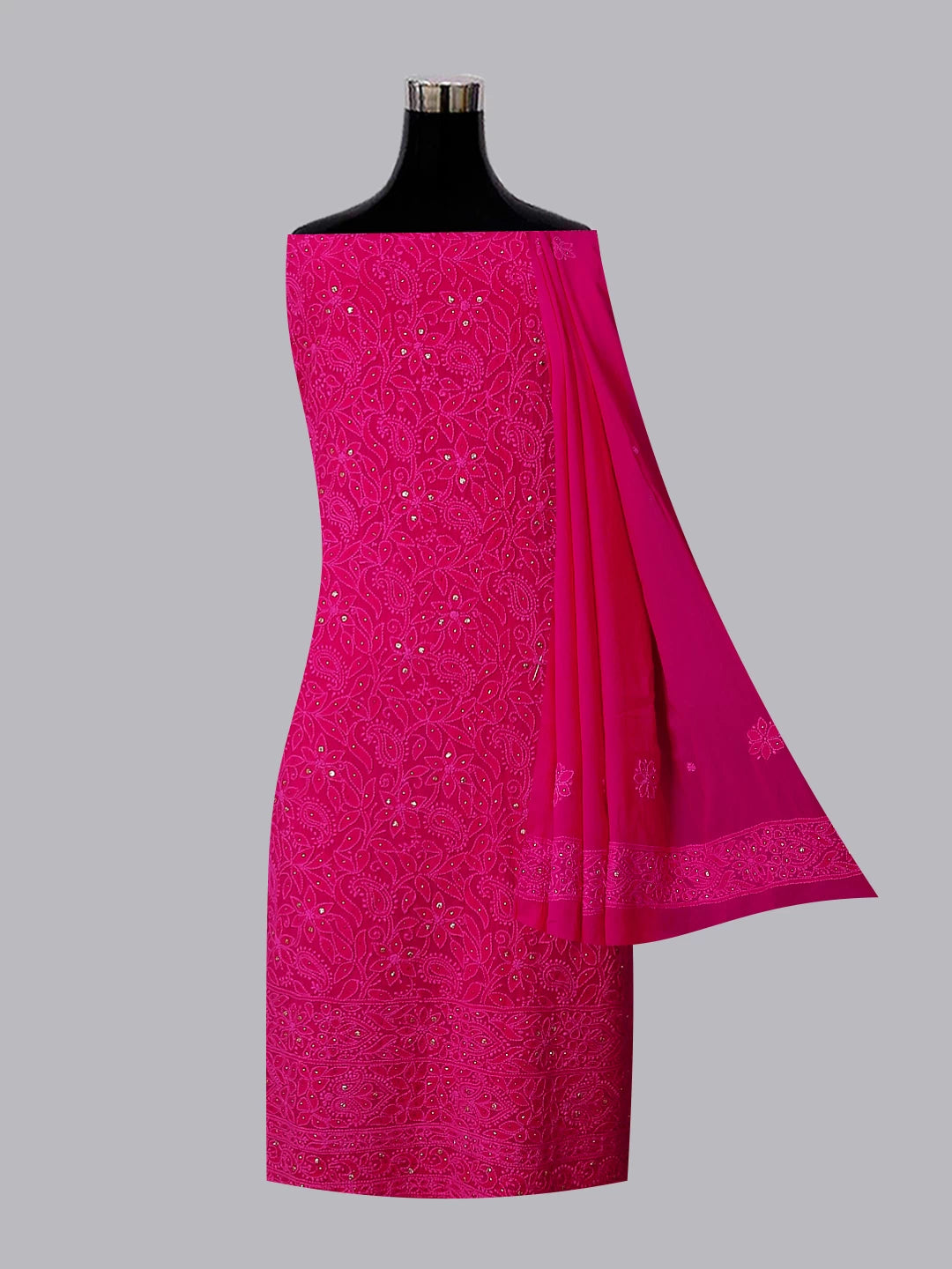 Ada Hand Embroidered Deep Pink Viscose Georgette Lucknowi Chikankari Unstitched Kurta Dupatta Set With Muqaish Work 01A459399