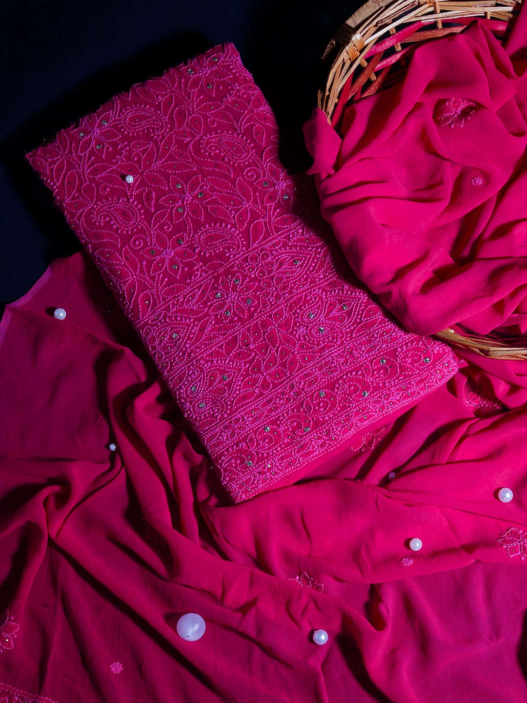 Ada Hand Embroidered Deep Pink Viscose Georgette Lucknowi Chikankari Unstitched Kurta Dupatta Set With Muqaish Work 01A459399