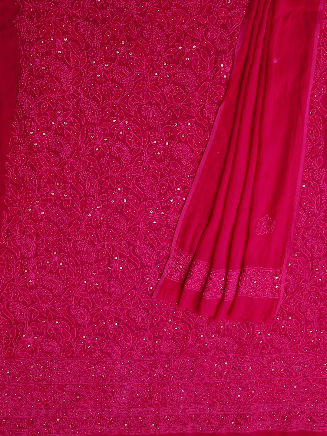 Ada Hand Embroidered Deep Pink Viscose Georgette Lucknowi Chikankari Unstitched Kurta Dupatta Set With Muqaish Work 01A459399