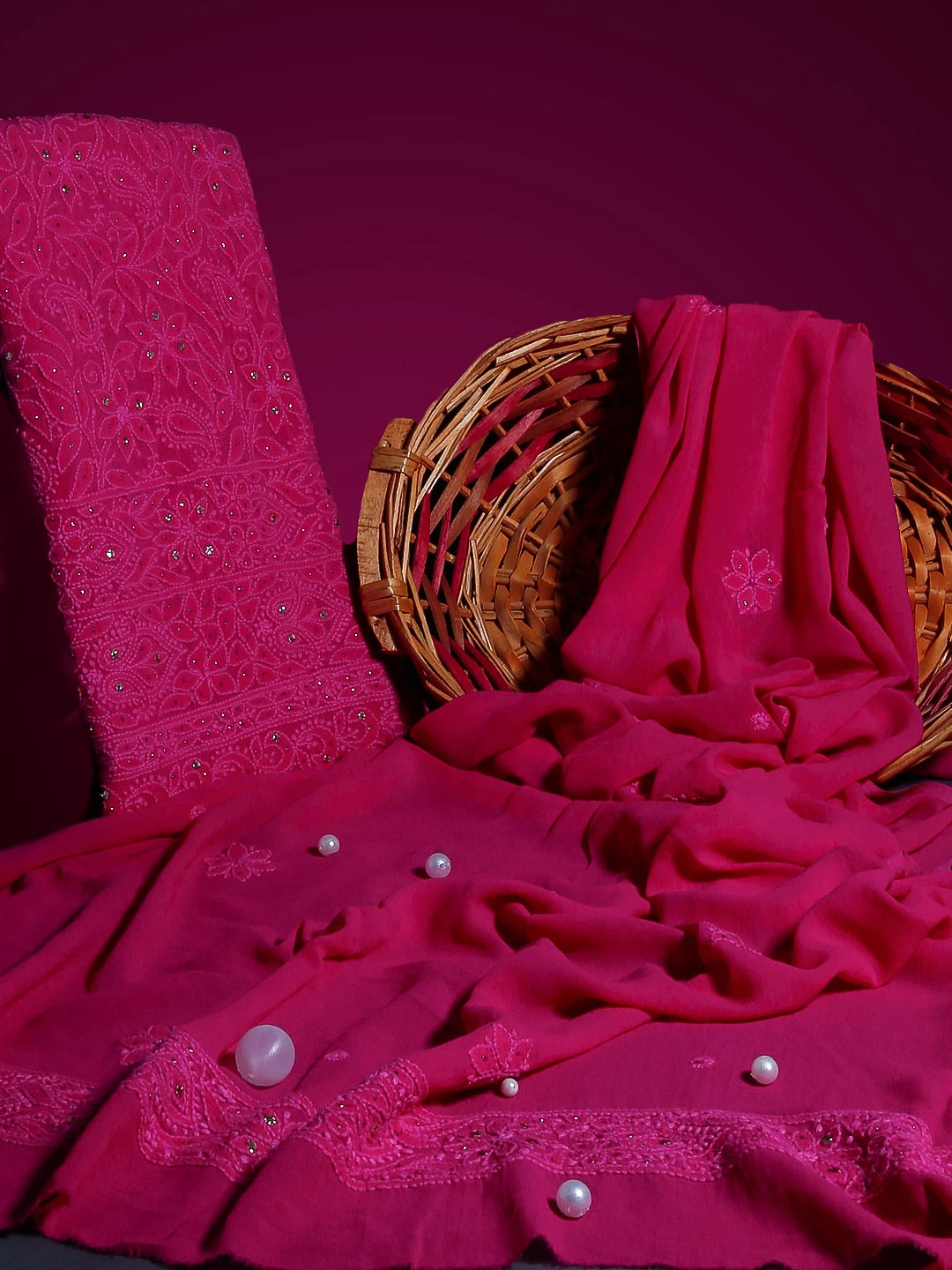 Ada Hand Embroidered Deep Pink Viscose Georgette Lucknowi Chikankari Unstitched Kurta Dupatta Set With Muqaish Work 01A459399