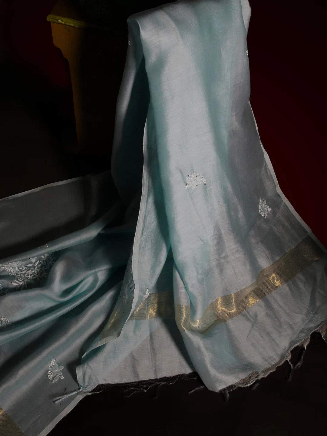 Ada Hand Embroidered Light Blue Chanderi Lucknowi Chikankari Dupatta With Mukaish Work 01A187789