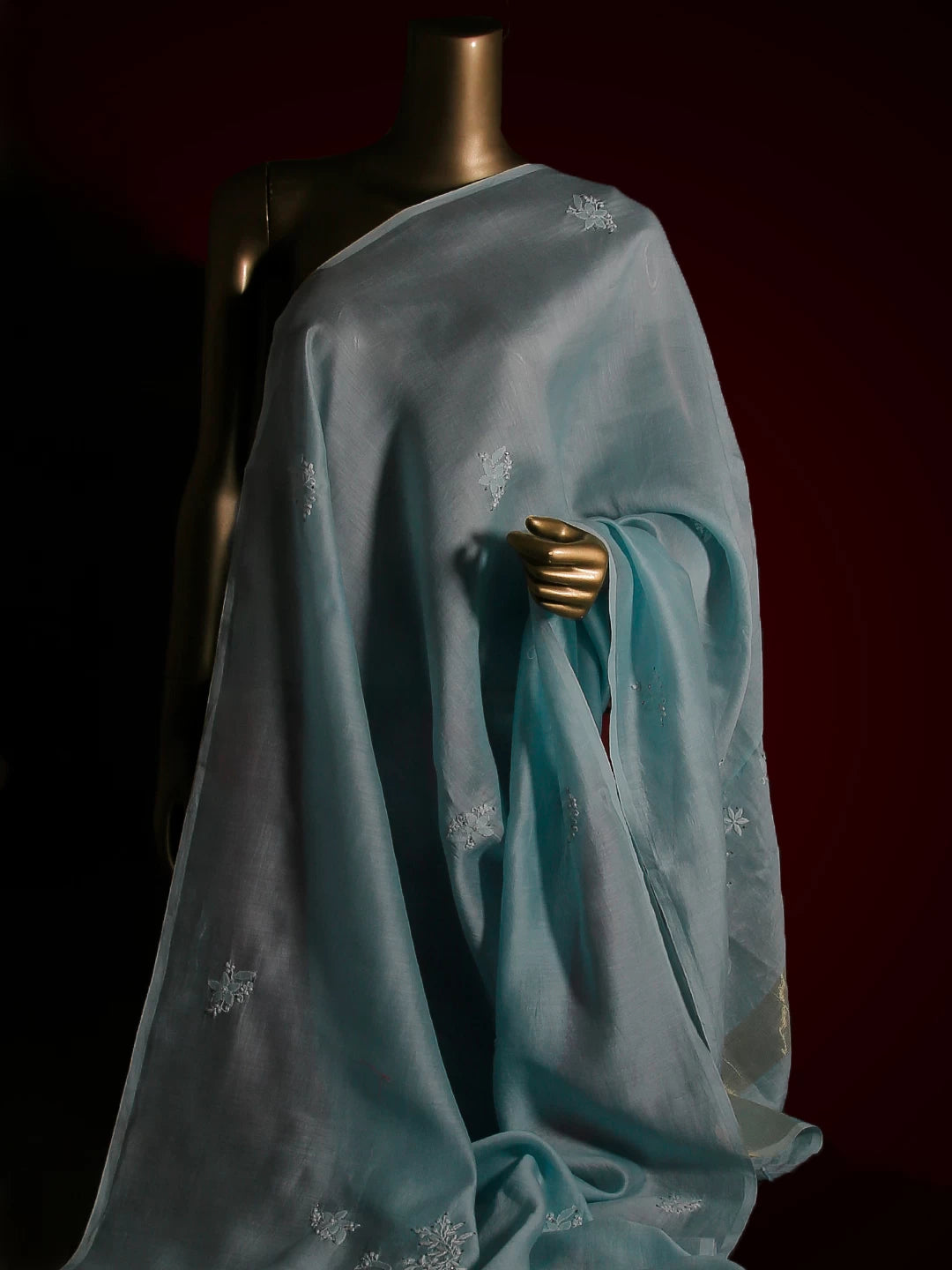 Ada Hand Embroidered Light Blue Chanderi Lucknowi Chikankari Dupatta With Mukaish Work 01A187789