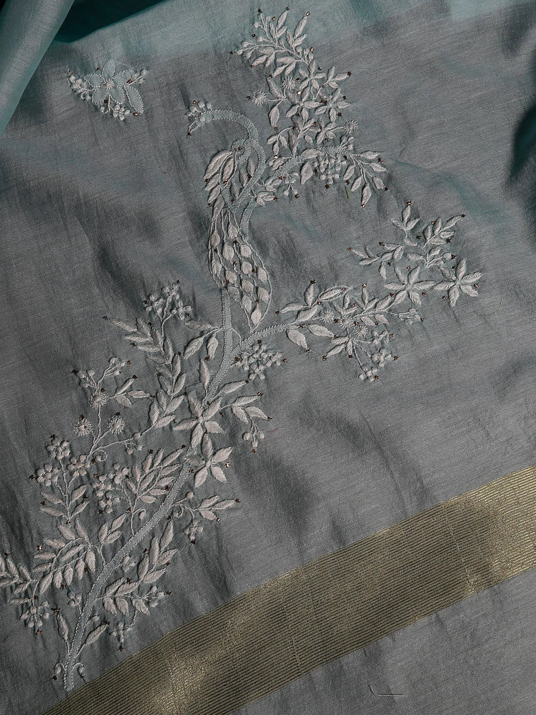 Ada Hand Embroidered Light Blue Chanderi Lucknowi Chikankari Dupatta With Mukaish Work 01A187789