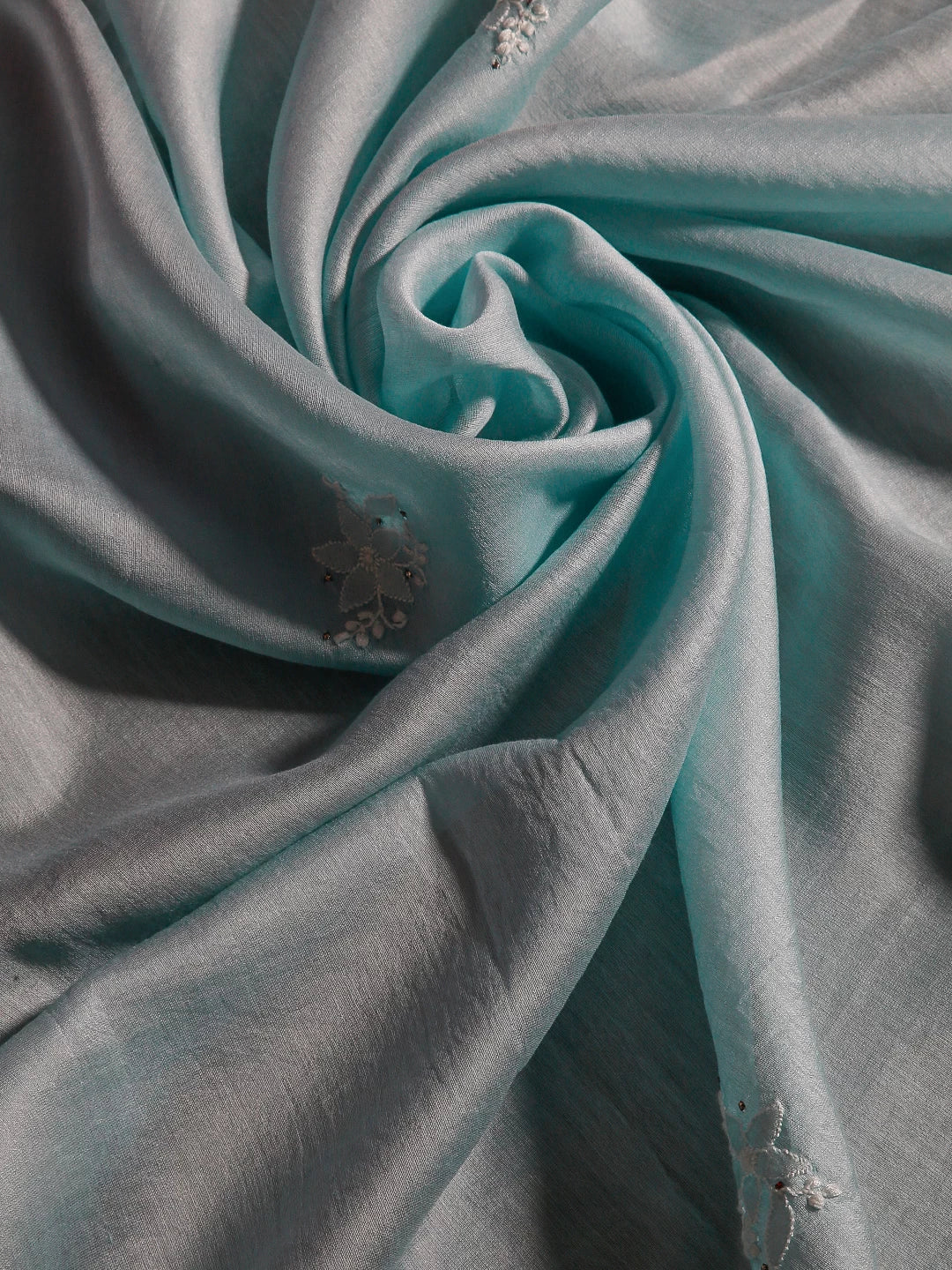 Ada Hand Embroidered Light Blue Chanderi Lucknowi Chikankari Dupatta With Mukaish Work 01A187789