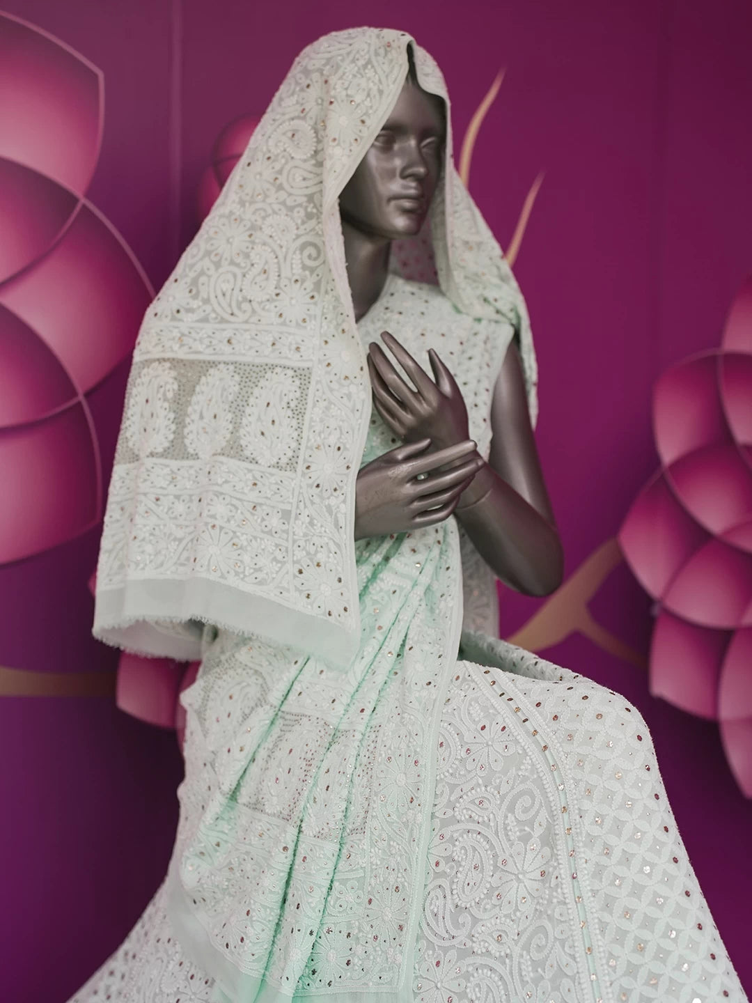 Ada Hand Embroidered Sea Green Pure Georgette Lucknowi Chikankari Lehenga Set With Muqaish Work 01A200143