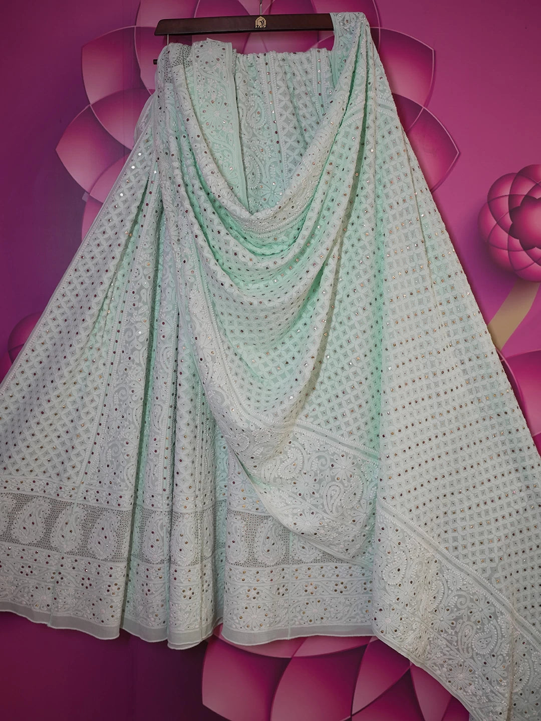 Ada Hand Embroidered Sea Green Pure Georgette Lucknowi Chikankari Lehenga Set With Muqaish Work 01A200143