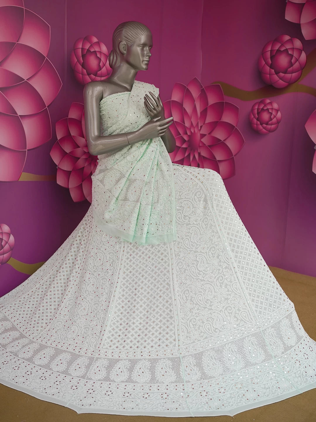 Ada Hand Embroidered Sea Green Pure Georgette Lucknowi Chikankari Lehenga Set With Muqaish Work 01A200143