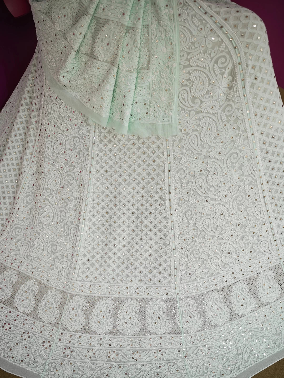 Ada Hand Embroidered Sea Green Pure Georgette Lucknowi Chikankari Lehenga Set With Muqaish Work 01A200143