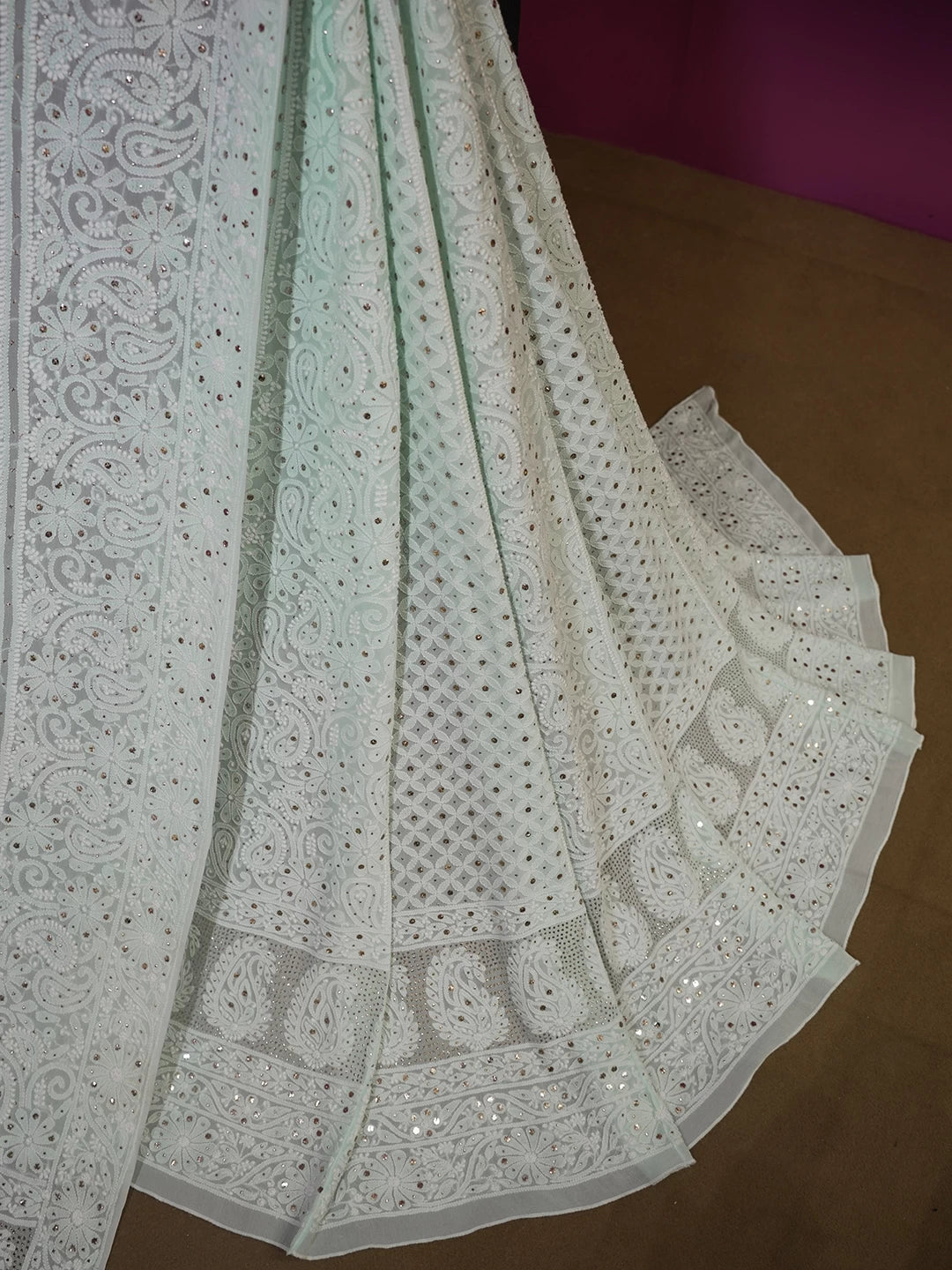 Ada Hand Embroidered Sea Green Pure Georgette Lucknowi Chikankari Lehenga Set With Muqaish Work 01A200143