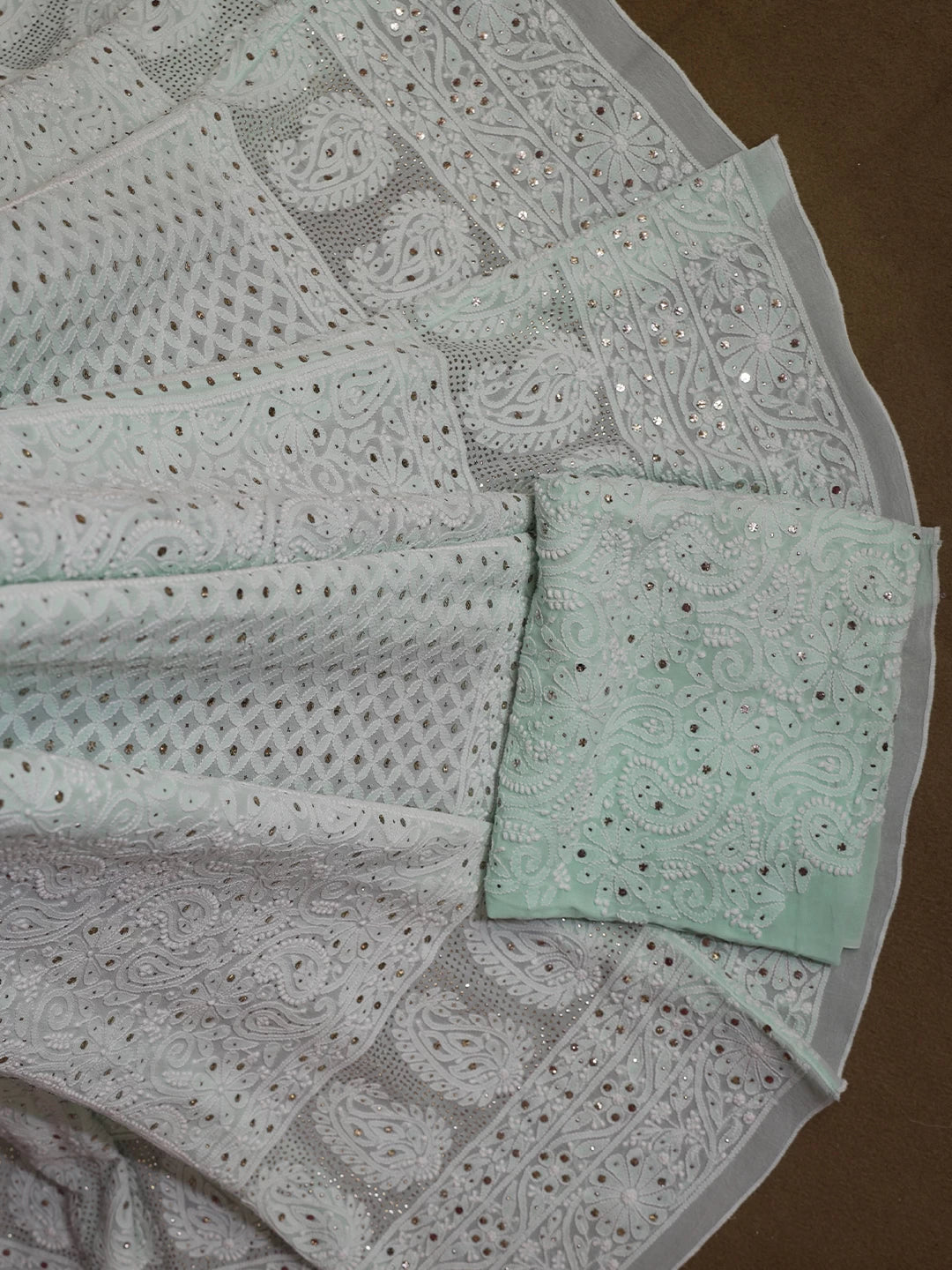 Ada Hand Embroidered Sea Green Pure Georgette Lucknowi Chikankari Lehenga Set With Muqaish Work 01A200143