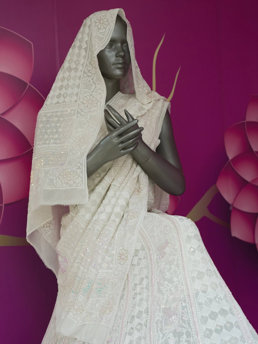 Ada Hand Embroidered White Pure Georgette Lucknowi Chikankari Lehenga Set with Sequins Work 01A461810