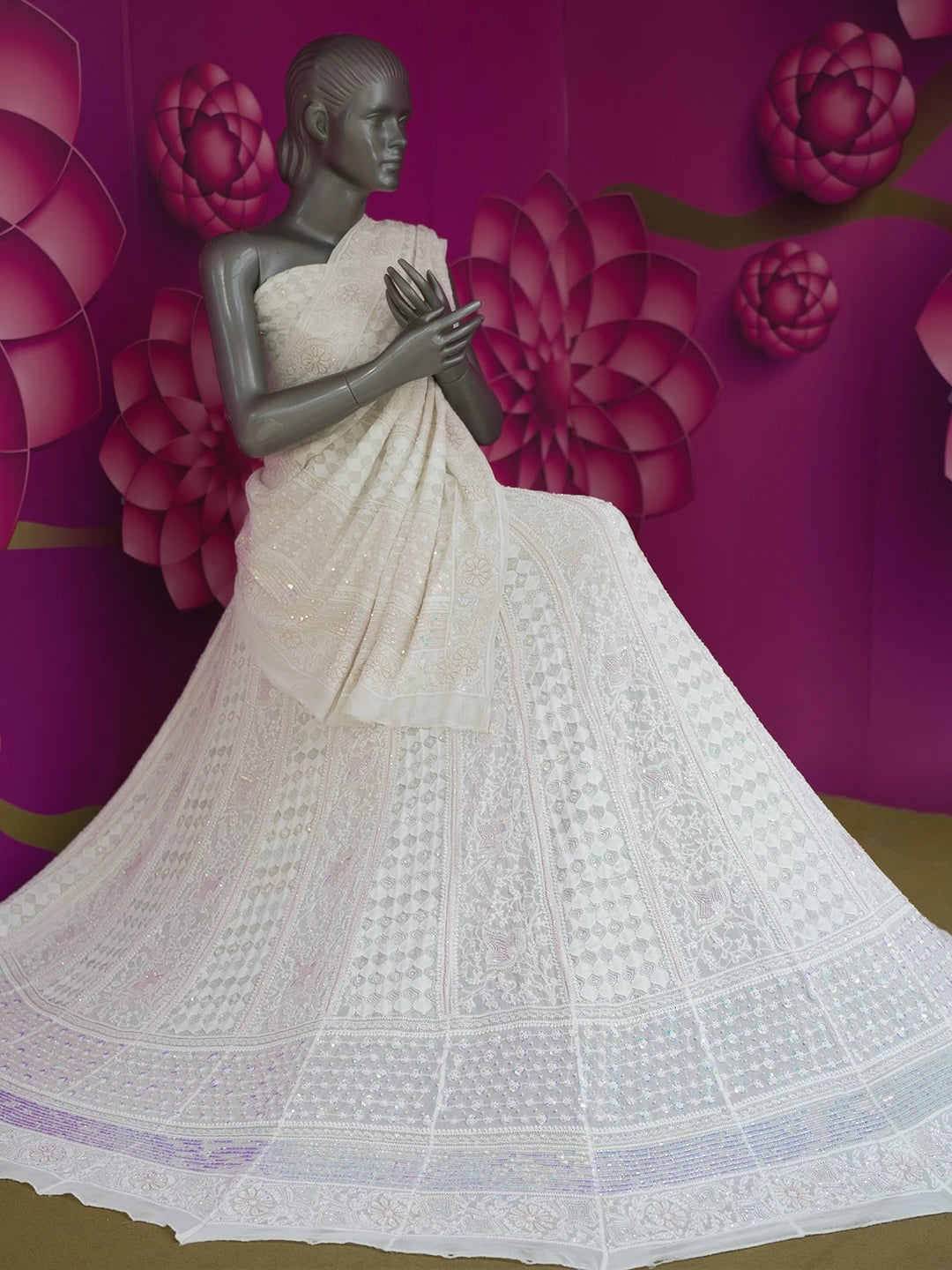 Ada Hand Embroidered White Pure Georgette Lucknowi Chikankari Lehenga Set with Sequins Work 01A461810
