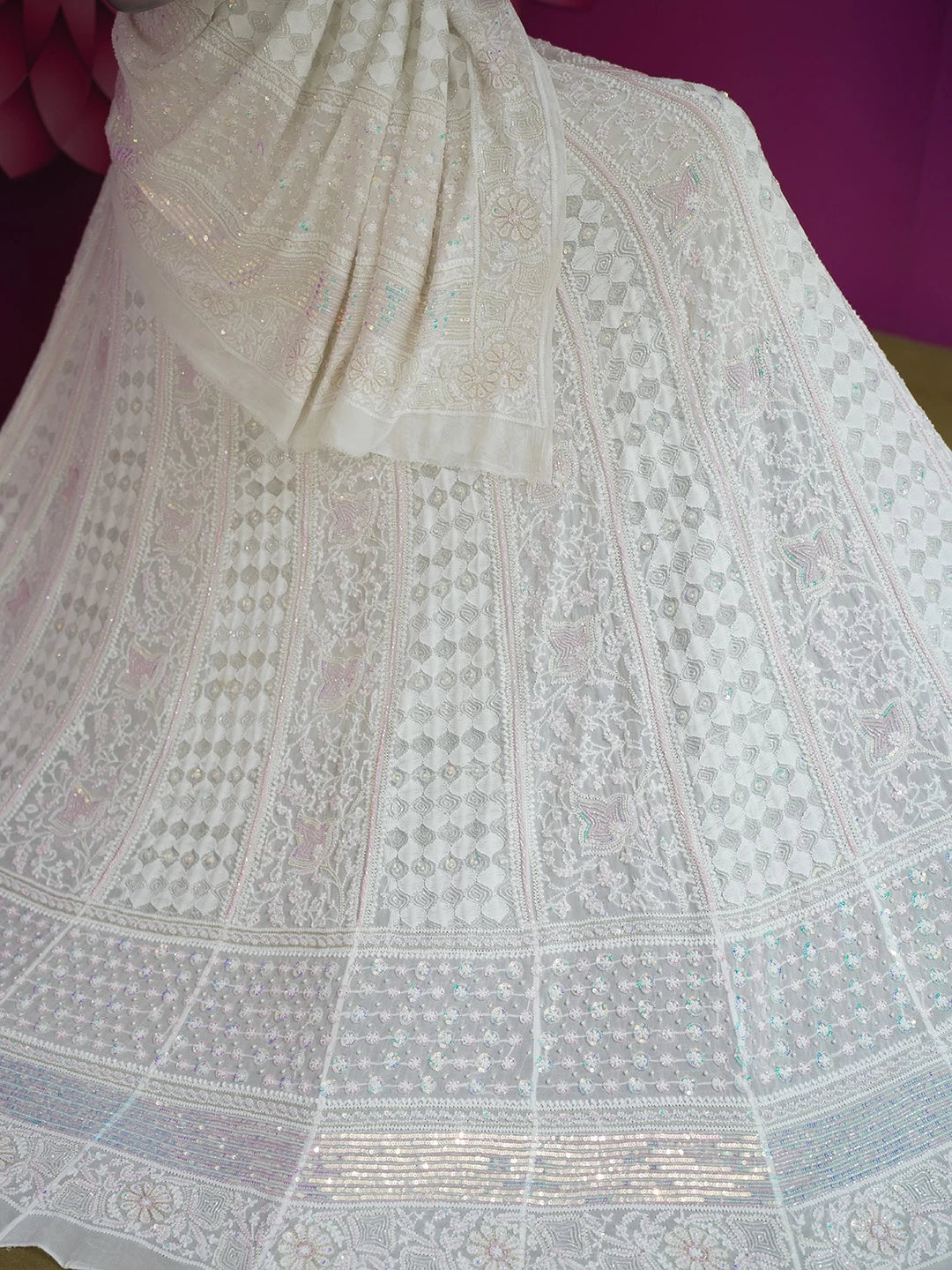 Ada Hand Embroidered White Pure Georgette Lucknowi Chikankari Lehenga Set with Sequins Work 01A461810