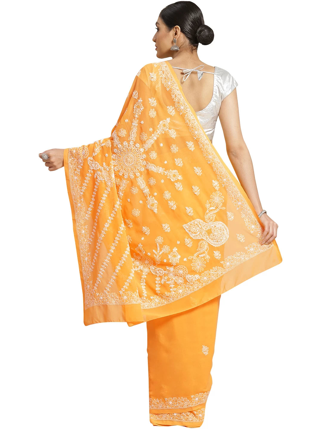 Ada Hand Embroidered Mustard Georgette Lucknowi Chikankari Saree With Blouse A183596