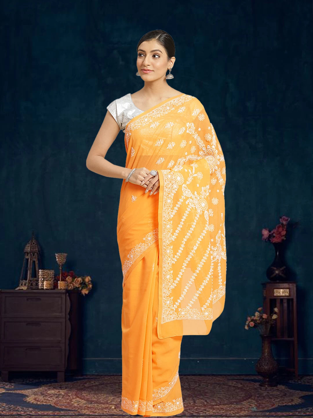 Ada Hand Embroidered Mustard Georgette Lucknowi Chikankari Saree With Blouse A183596