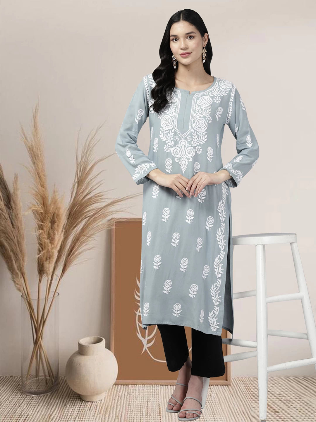 Ada Hand Embroidered Grey Rayon Lucknowi Chikankari Straight Kurta A411429