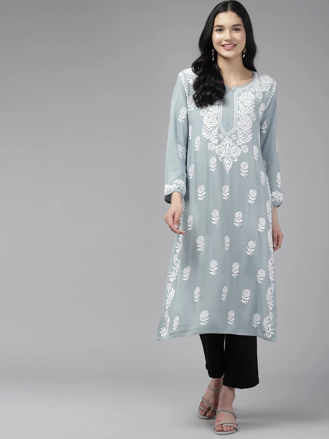 Ada Hand Embroidered Grey Rayon Lucknowi Chikankari Straight Kurta A411429