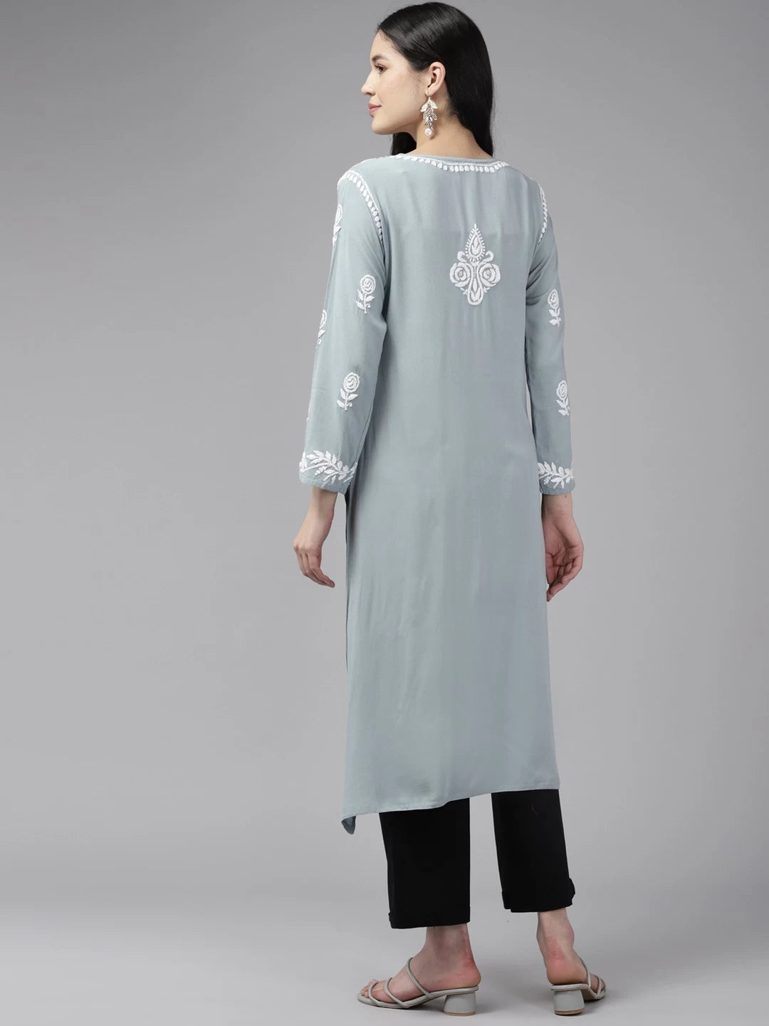 Ada Hand Embroidered Grey Rayon Lucknowi Chikankari Straight Kurta A411429