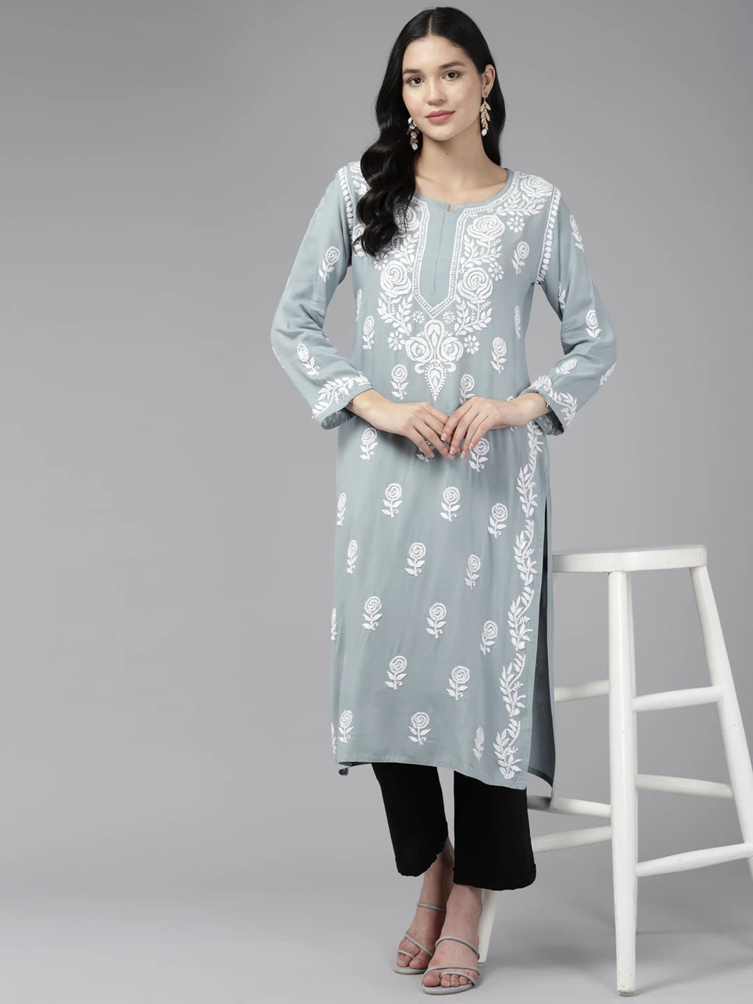 Ada Hand Embroidered Grey Rayon Lucknowi Chikankari Straight Kurta A411429
