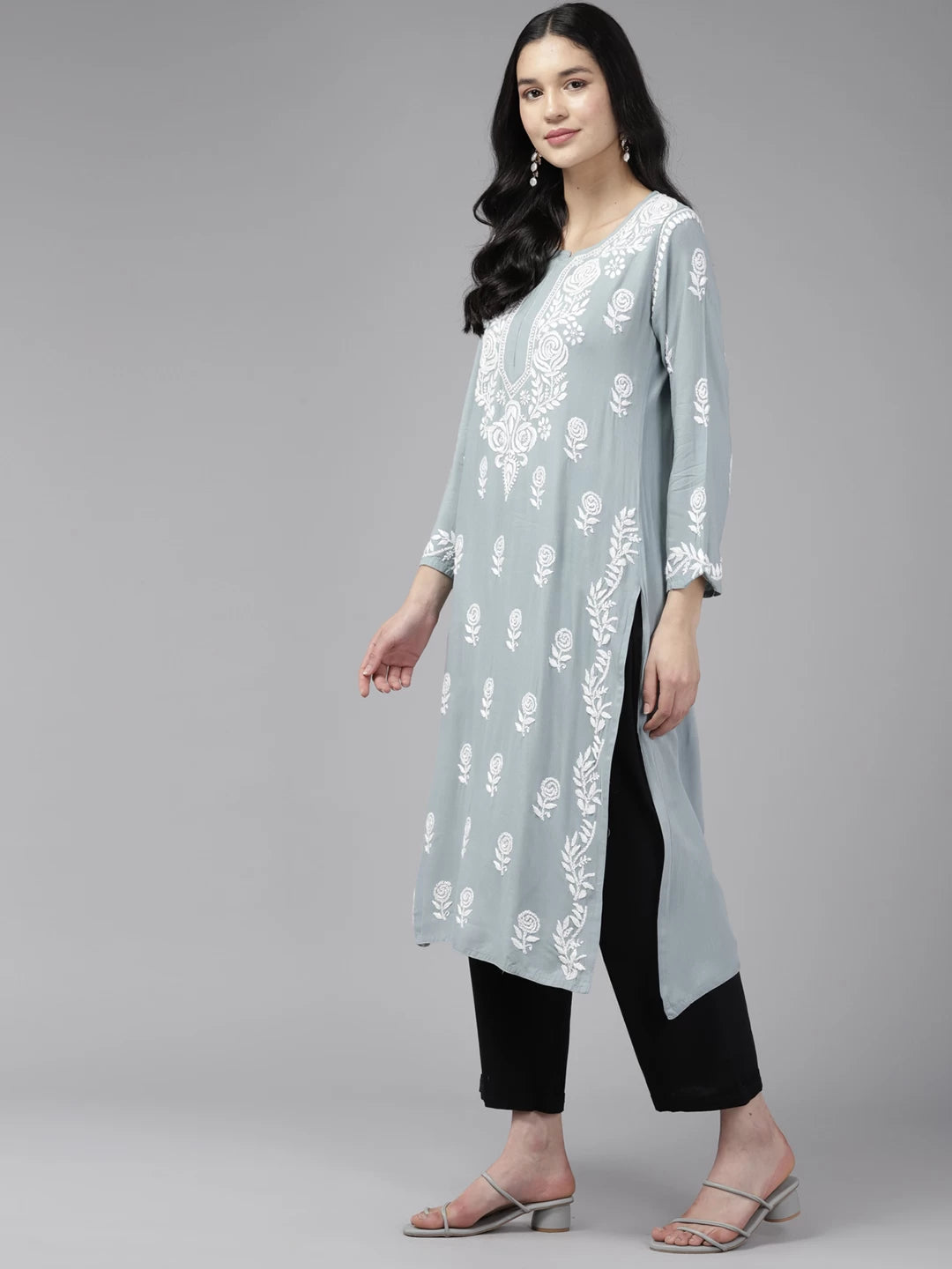 Ada Hand Embroidered Grey Rayon Lucknowi Chikankari Straight Kurta A411429