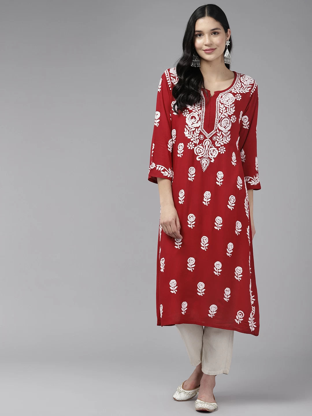Ada Hand Embroidered Maroon Rayon Lucknowi Chikankari Straight Kurta A411434