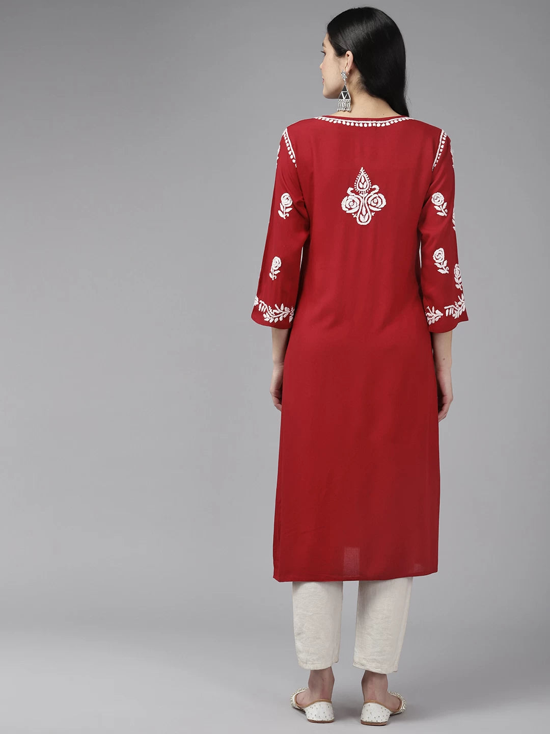 Ada Hand Embroidered Maroon Rayon Lucknowi Chikankari Straight Kurta A411434