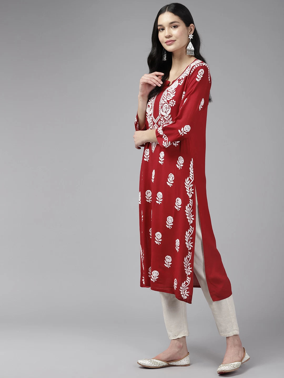 Ada Hand Embroidered Maroon Rayon Lucknowi Chikankari Straight Kurta A411434