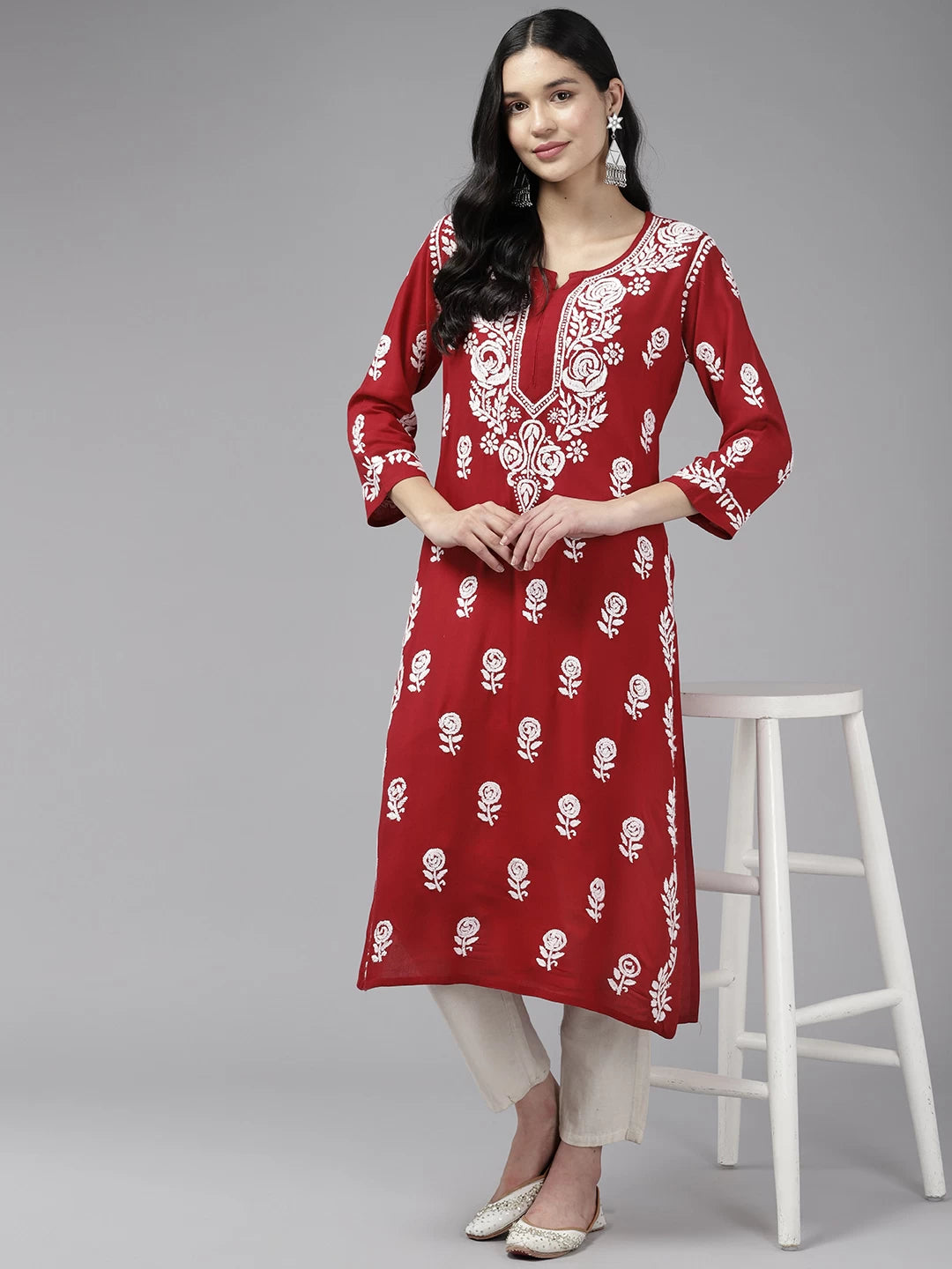 Ada Hand Embroidered Maroon Rayon Lucknowi Chikankari Straight Kurta A411434