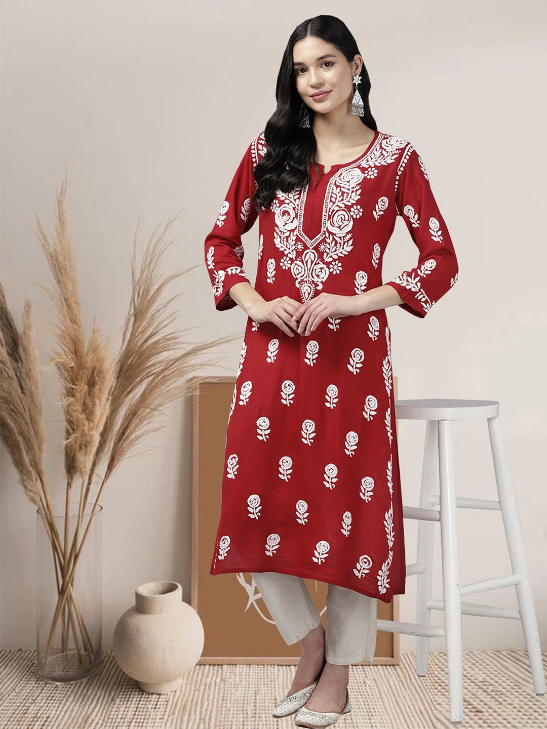 Ada Hand Embroidered Maroon Rayon Lucknowi Chikankari Straight Kurta A411434