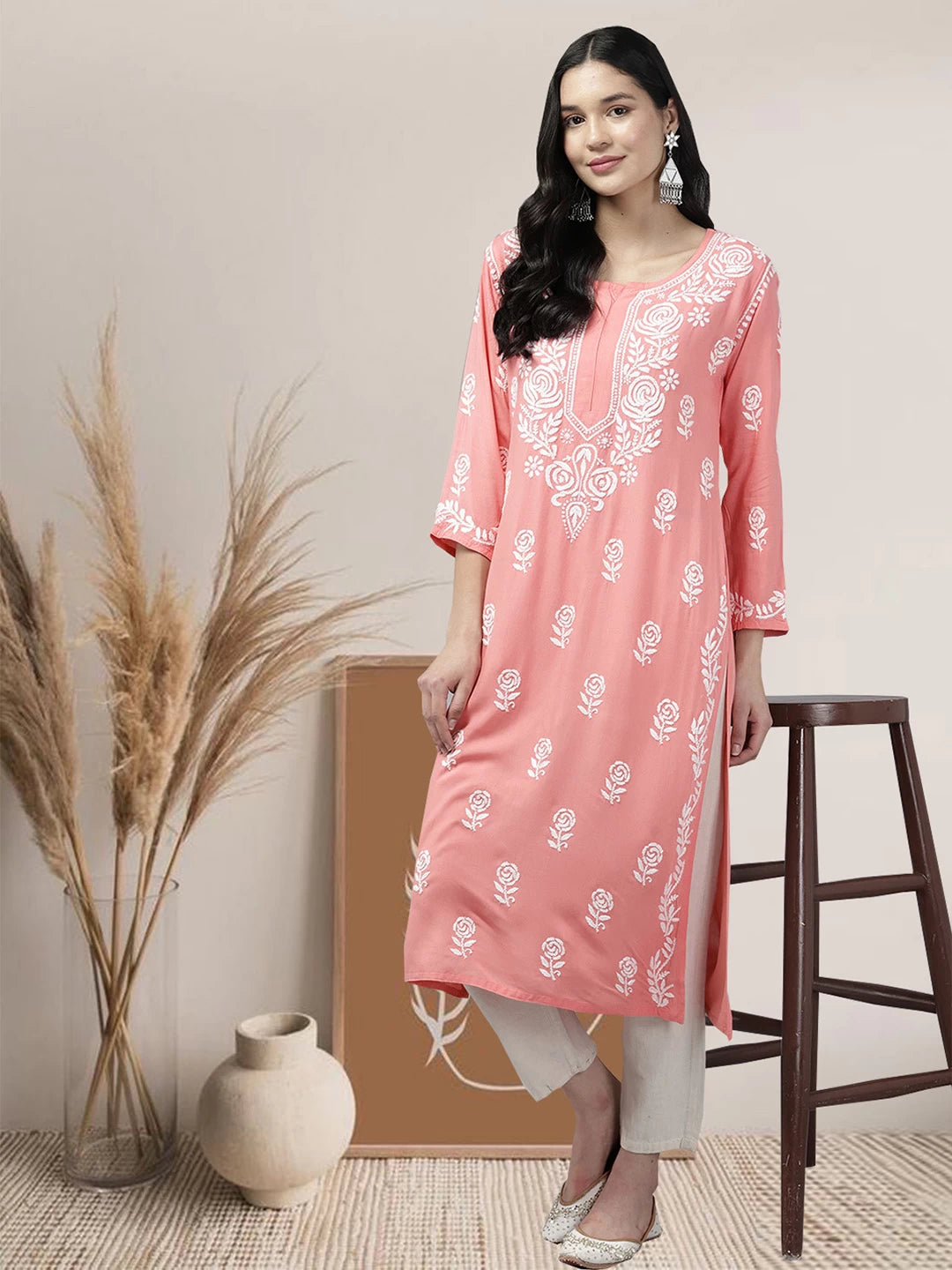 Ada Hand Embroidered Peach Rayon Lucknowi Chikankari Straight Kurta A411430