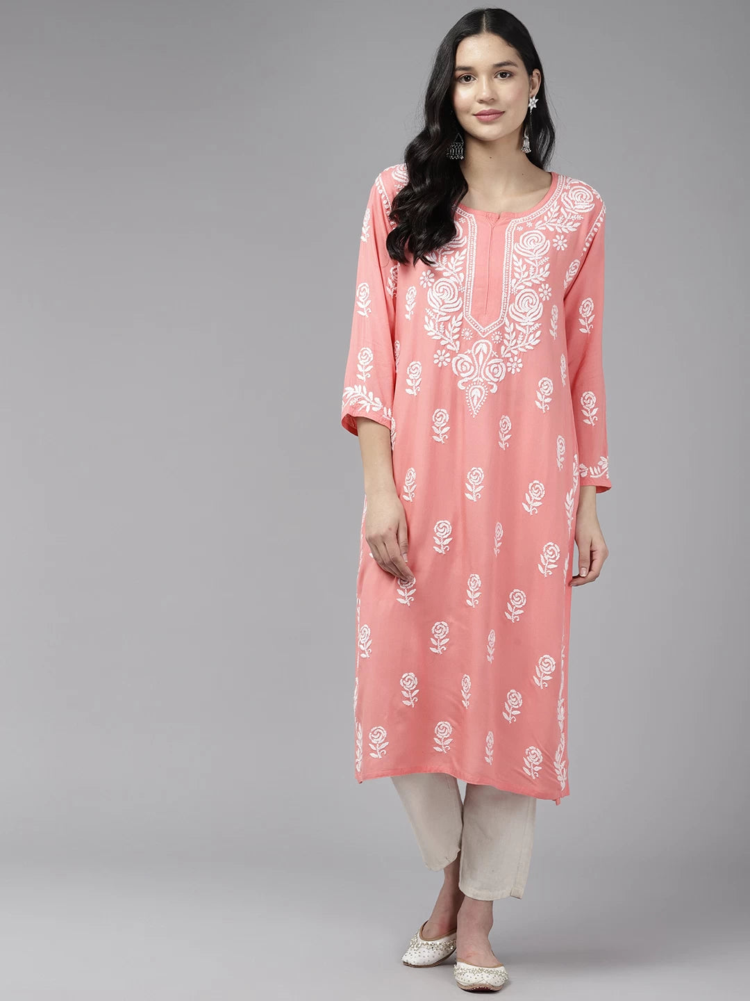 Ada Hand Embroidered Peach Rayon Lucknowi Chikankari Straight Kurta A411430