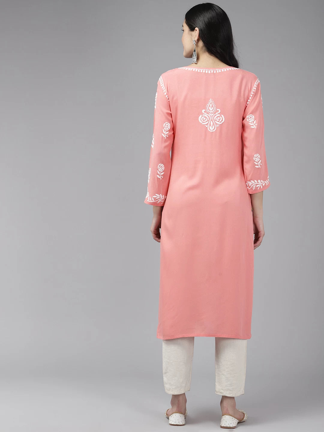 Ada Hand Embroidered Peach Rayon Lucknowi Chikankari Straight Kurta A411430