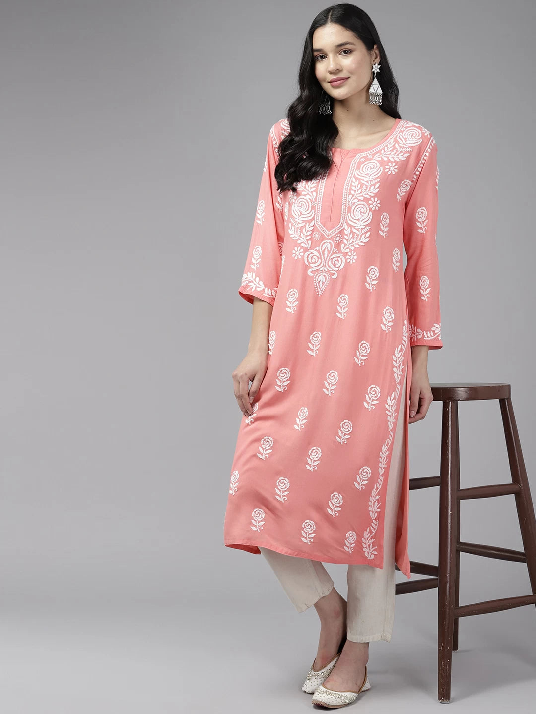 Ada Hand Embroidered Peach Rayon Lucknowi Chikankari Straight Kurta A411430