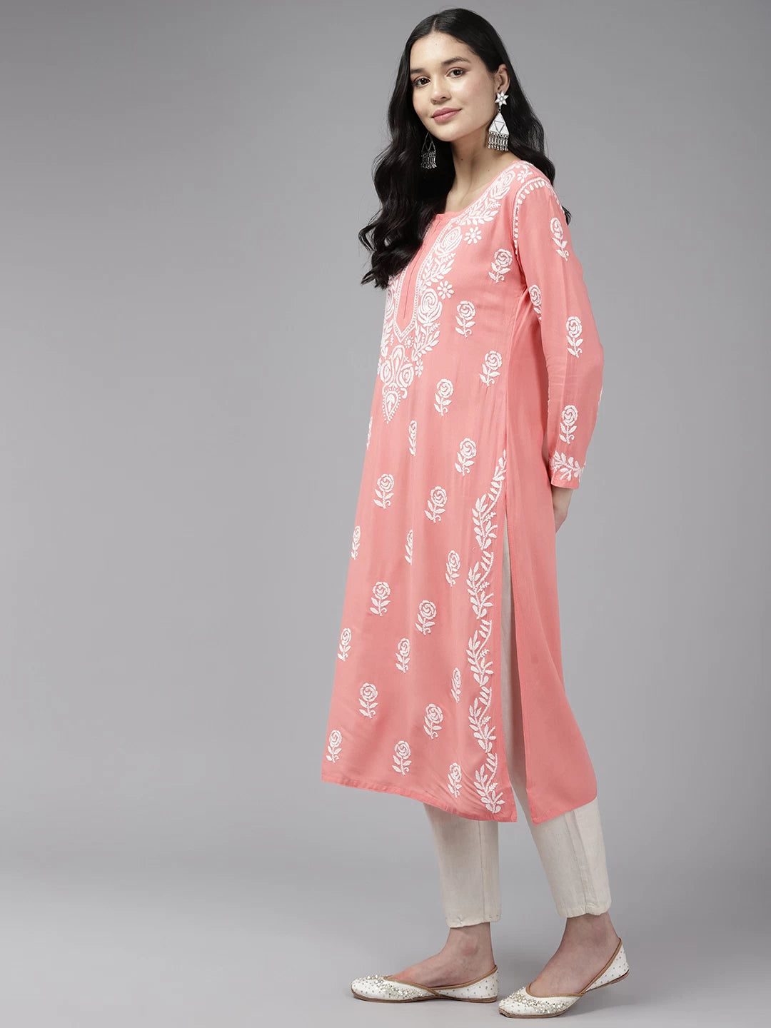 Ada Hand Embroidered Peach Rayon Lucknowi Chikankari Straight Kurta A411430