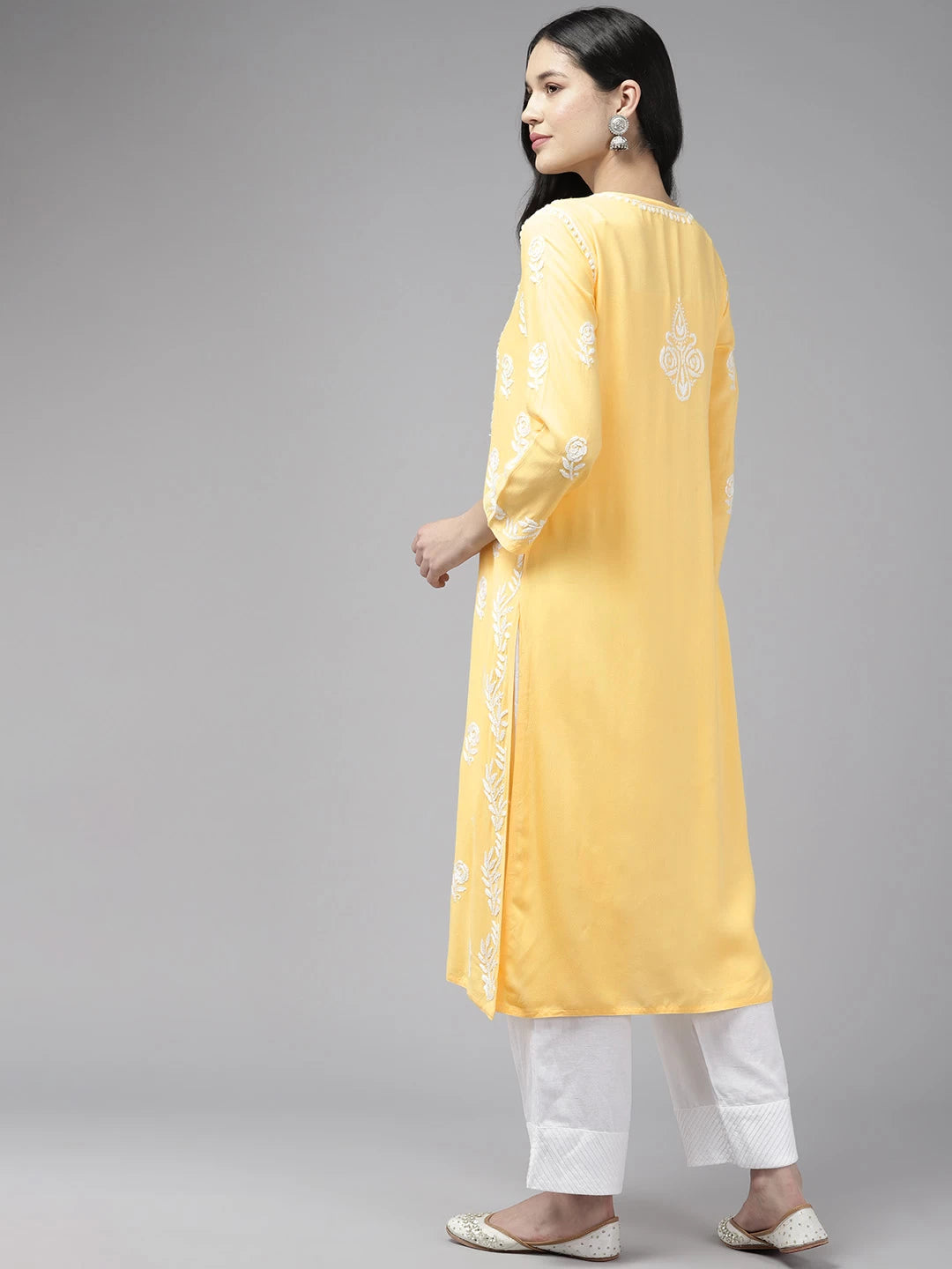 Ada Hand Embroidered Yellow Rayon Lucknowi Chikankari Straight Kurta A411432