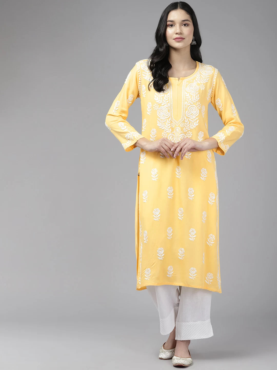 Ada Hand Embroidered Yellow Rayon Lucknowi Chikankari Straight Kurta A411432