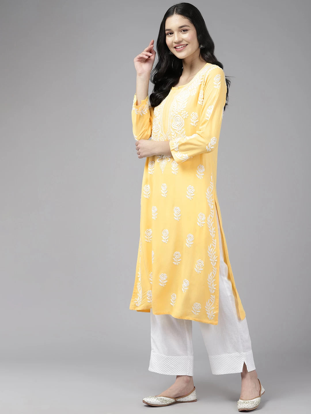 Ada Hand Embroidered Yellow Rayon Lucknowi Chikankari Straight Kurta A411432