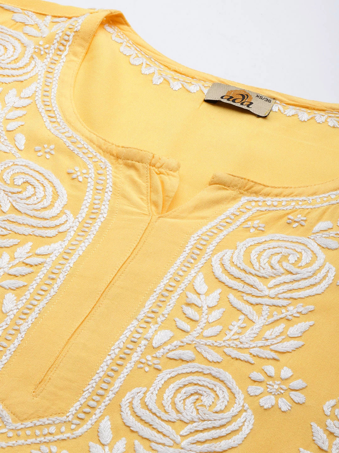 Ada Hand Embroidered Yellow Rayon Lucknowi Chikankari Straight Kurta A411432