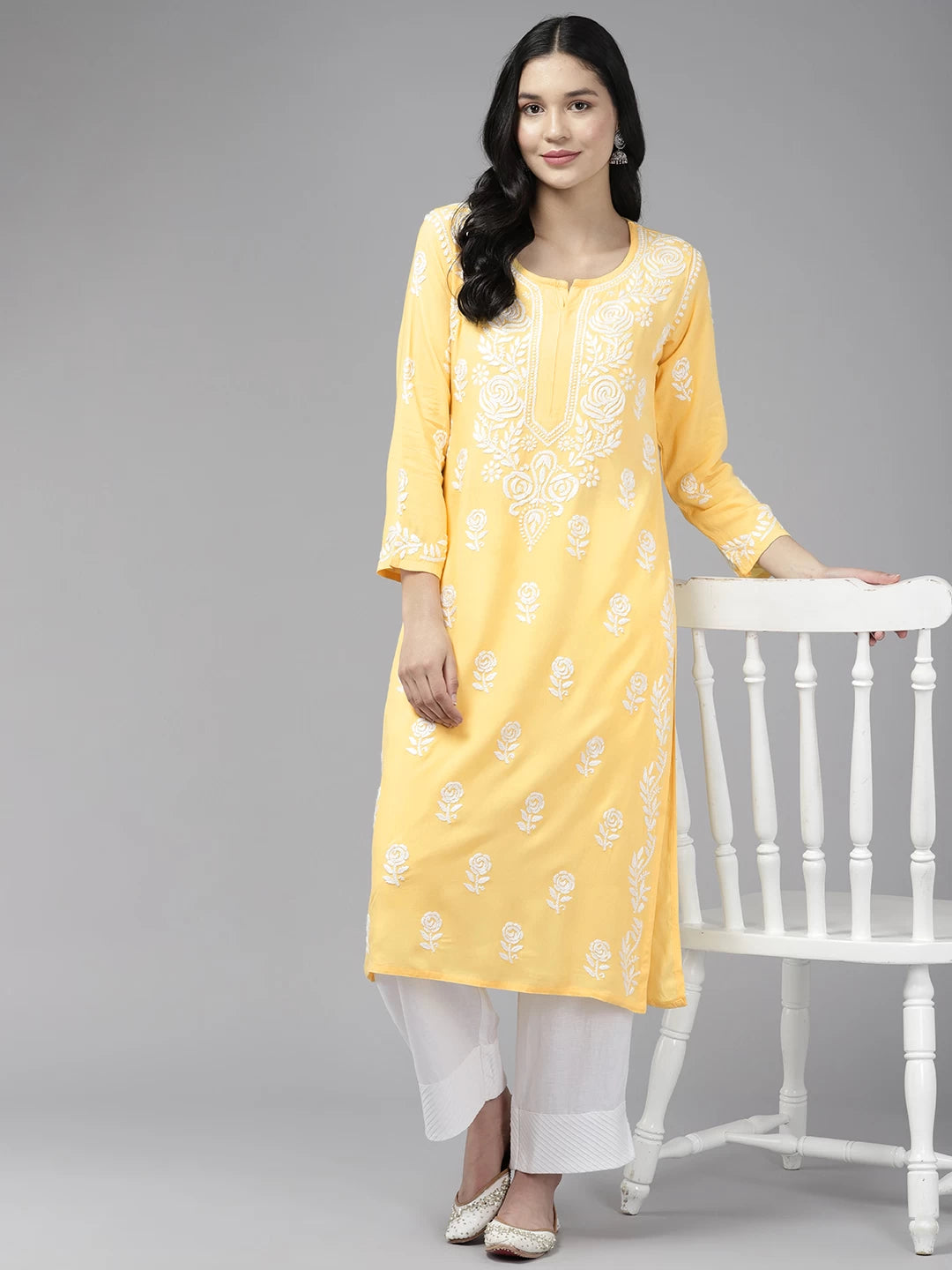 Ada Hand Embroidered Yellow Rayon Lucknowi Chikankari Straight Kurta A411432