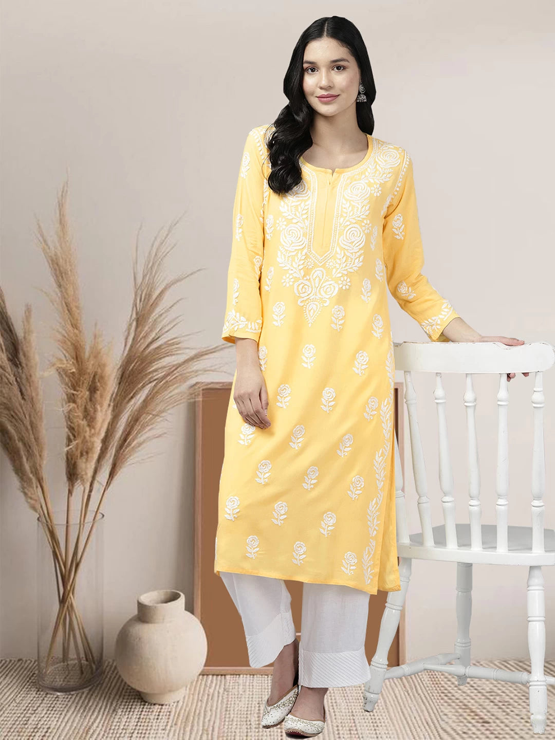 Ada Hand Embroidered Yellow Rayon Lucknowi Chikankari Straight Kurta A411432
