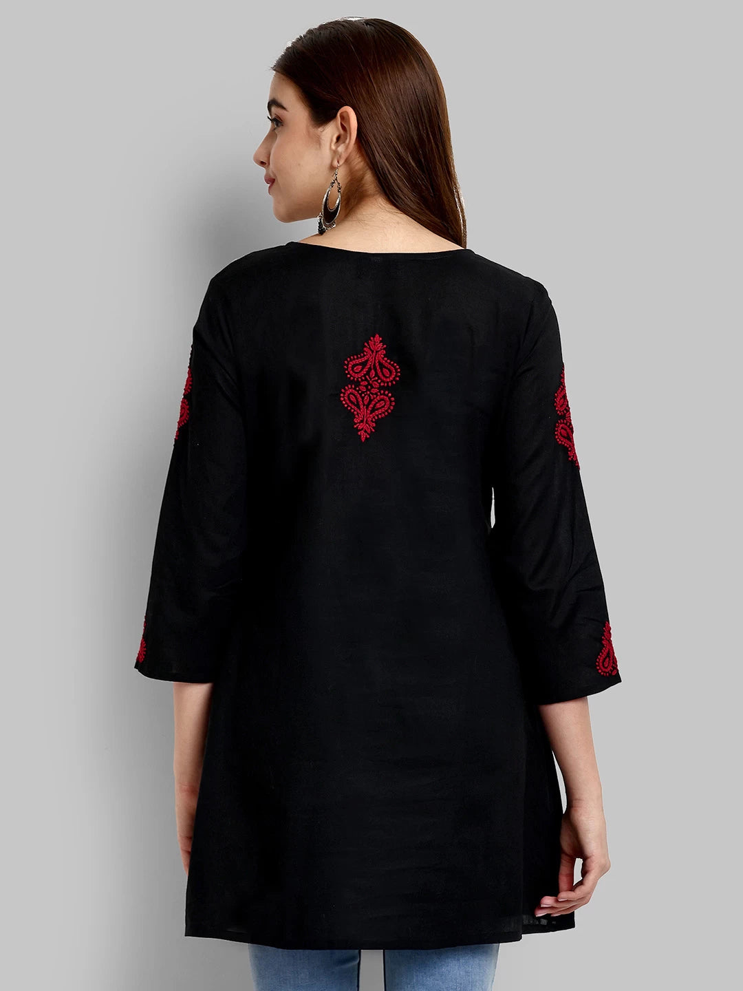 Ada Hand Embroidered Black And Red Cotton Lucknowi Chikankari Short Kurti A911377