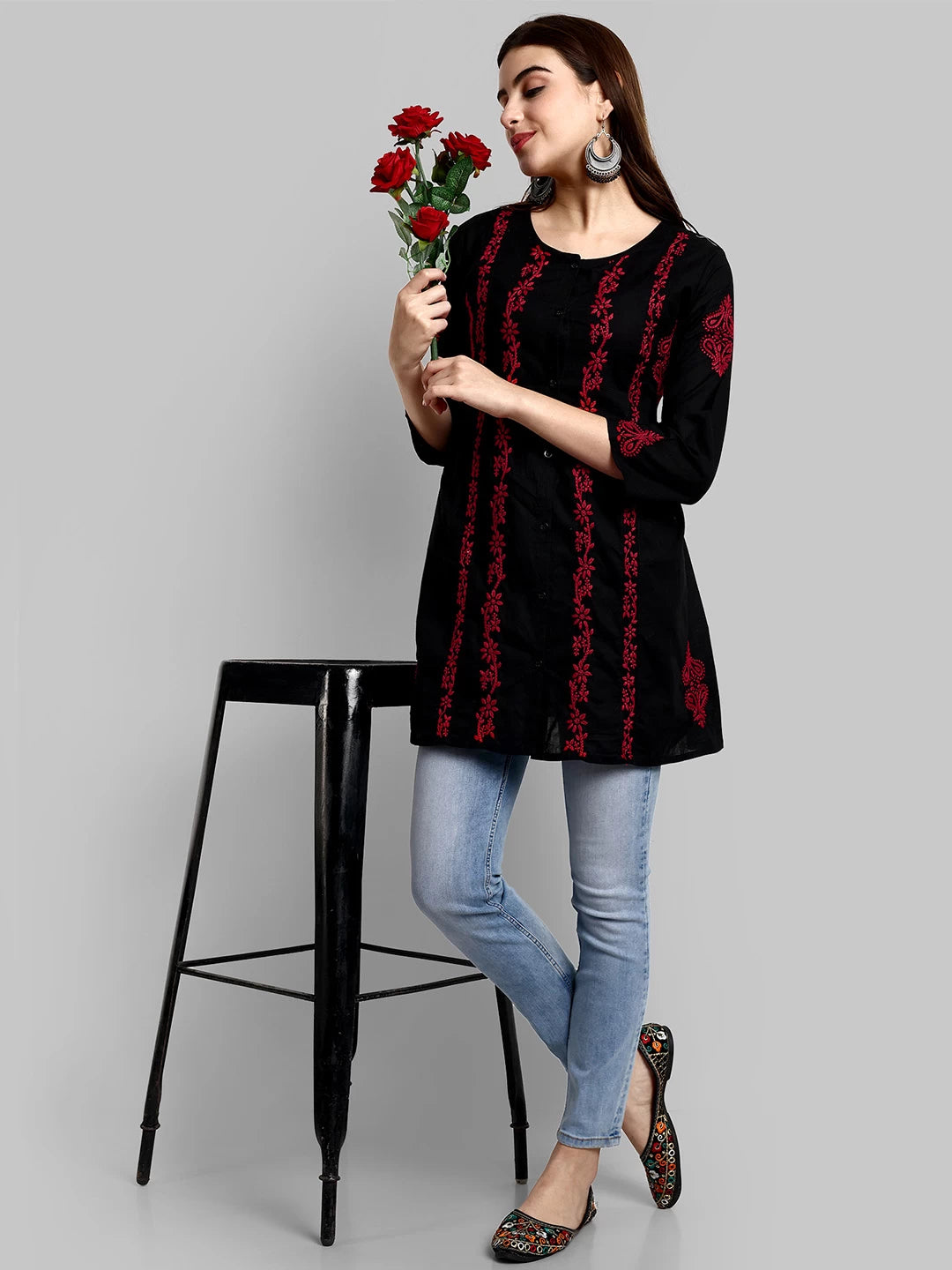 Ada Hand Embroidered Black And Red Cotton Lucknowi Chikankari Short Kurti A911377